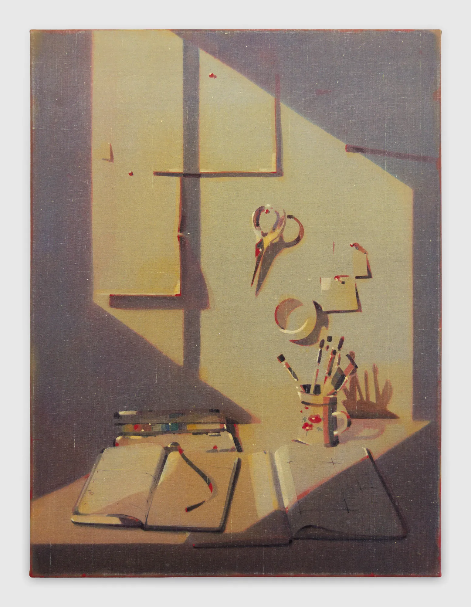 A painting of a desk with a book and a pair of scissors.