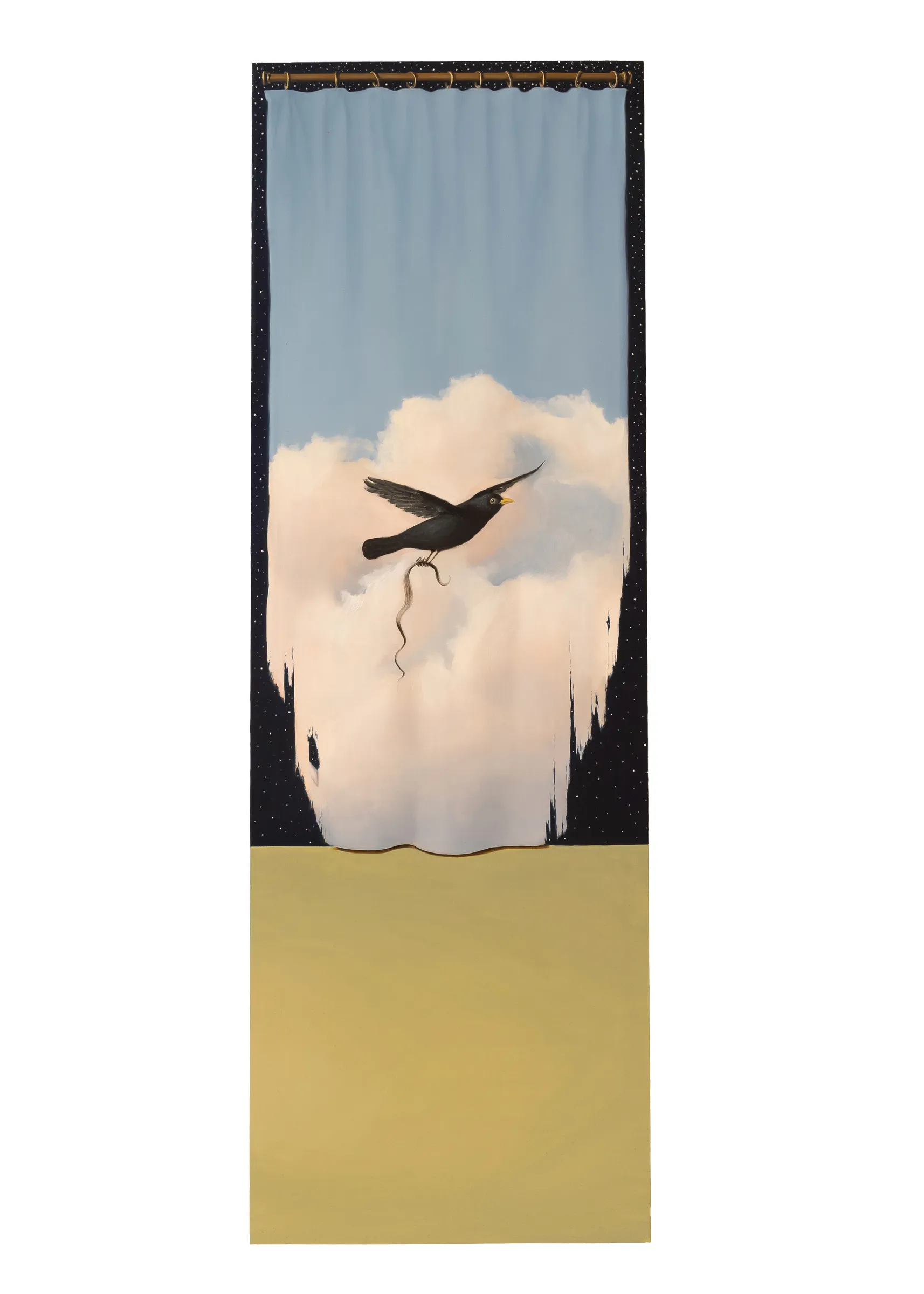 A painting of a bird flying in the sky.
