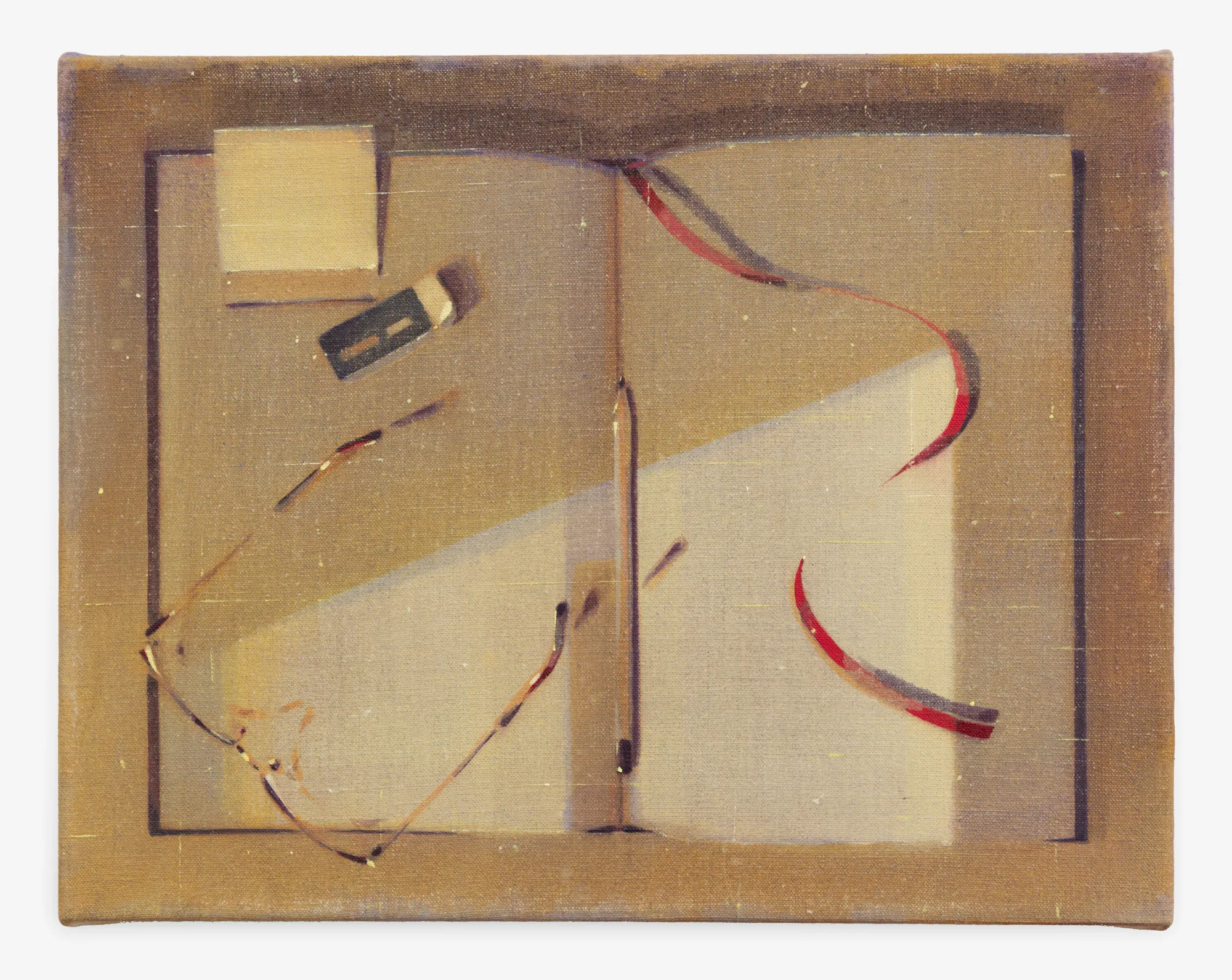 A painting of a book with a pen and pencil on it.