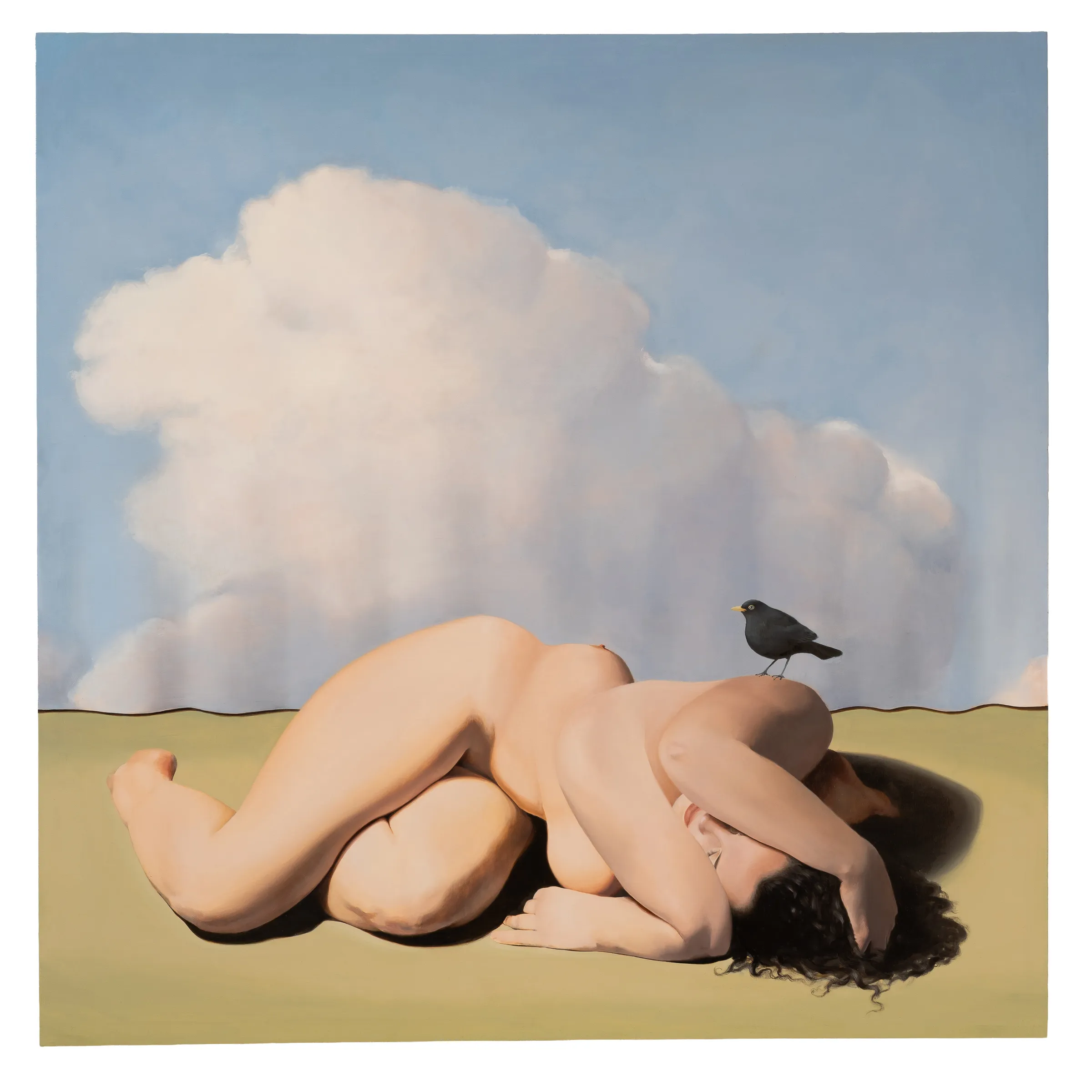 A painting of a woman laying on the ground with a bird perched on her head.