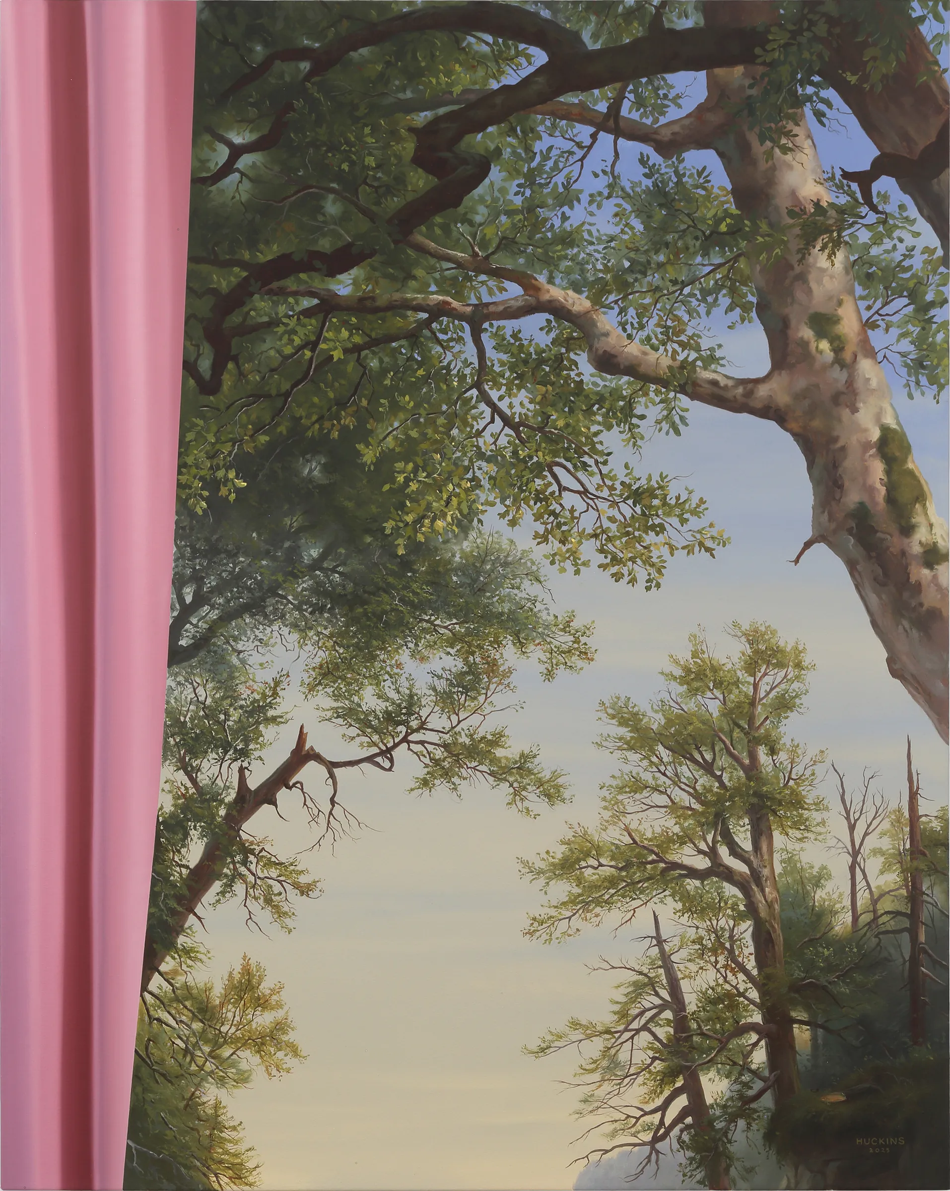 A painting of a tree in the middle of a forest.