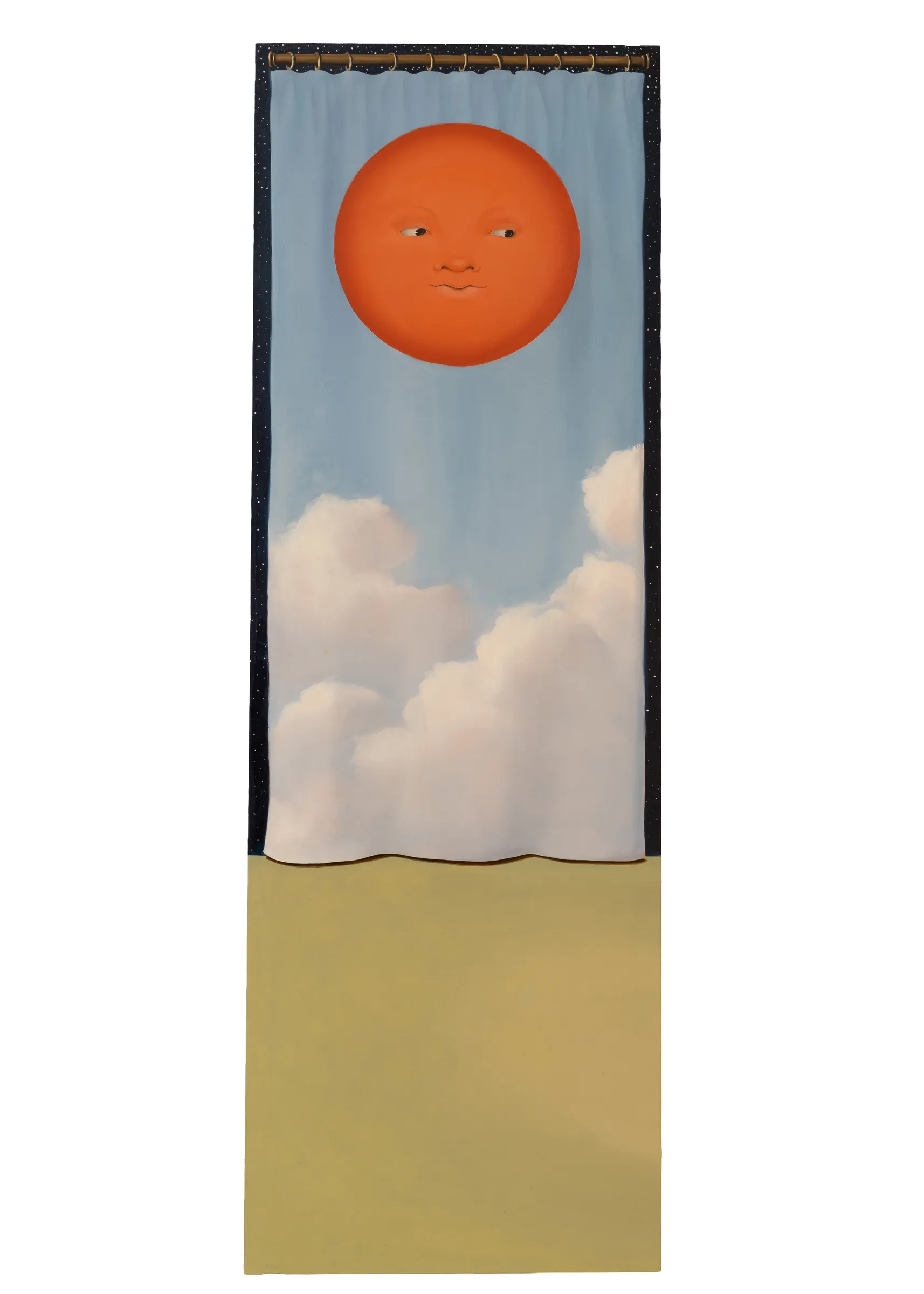 A painting of a sun with clouds in the sky.