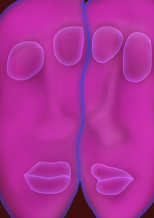 A close up of a woman's face with a pink background.
