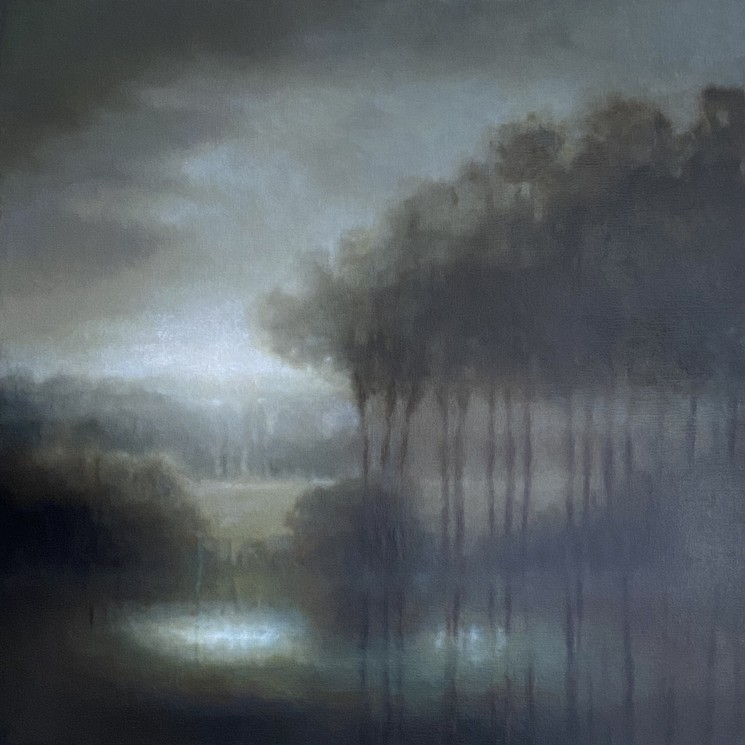 A painting of a foggy landscape with trees in the foreground.