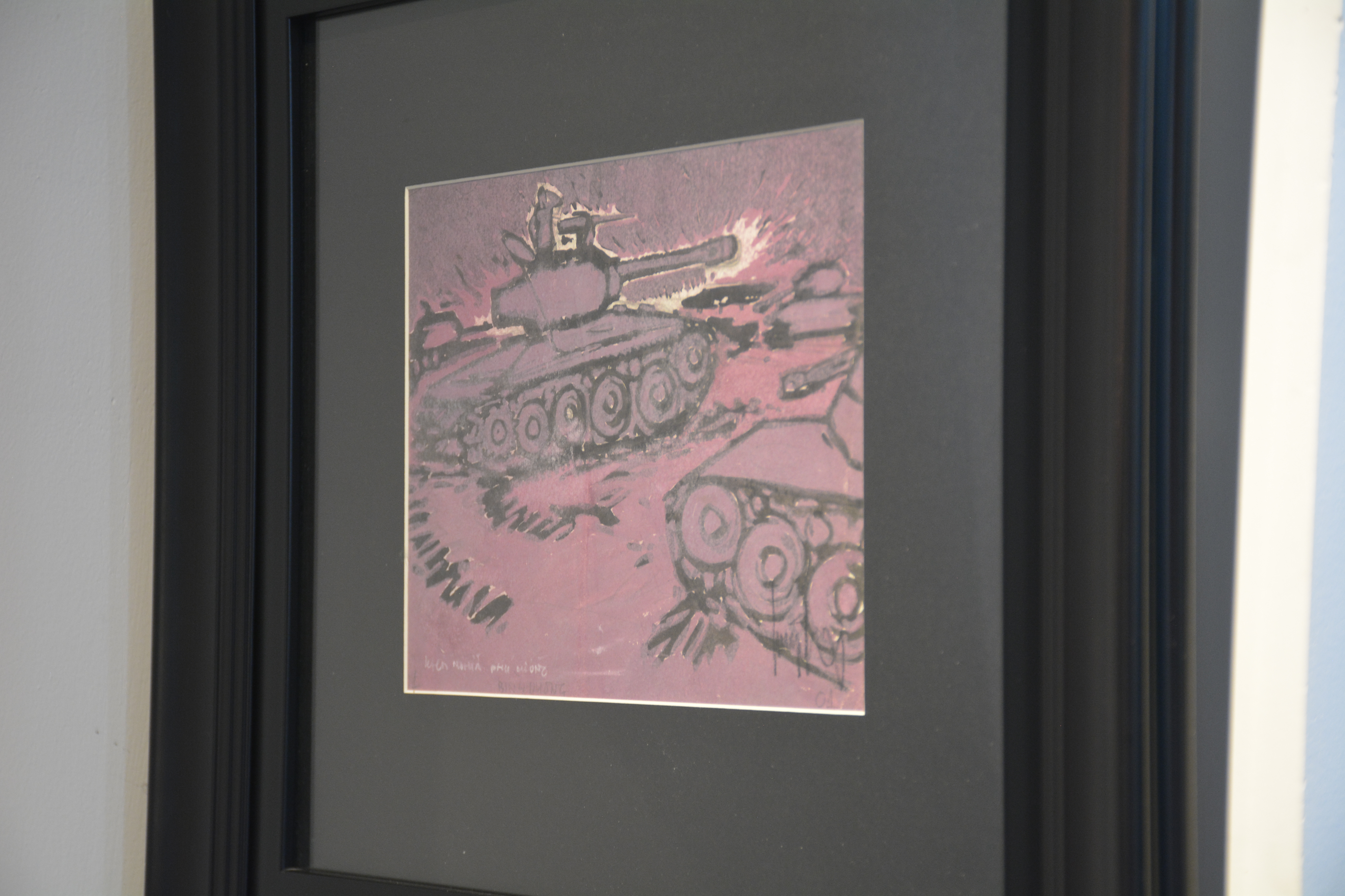 A monochromatic purple illustration of a tank firing amidst an abstract battlefield.