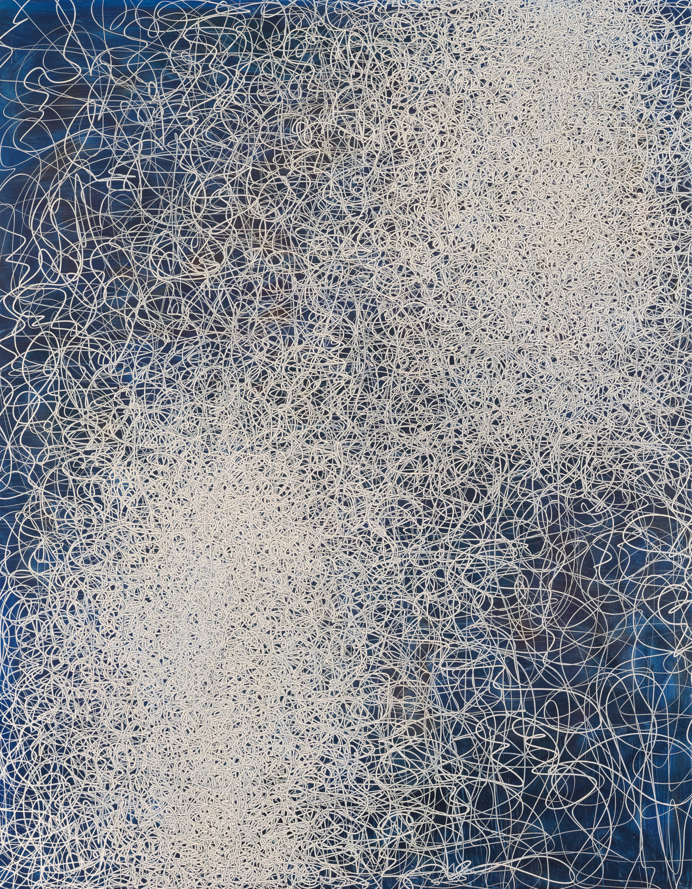A dense abstract composition of white scribbles on a blue background.