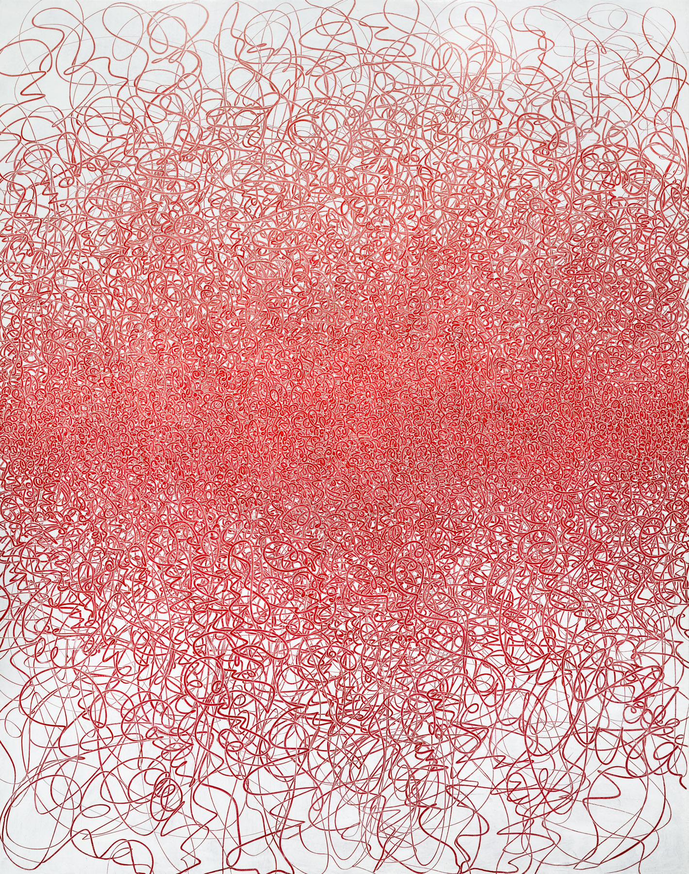 A dense abstract composition of tangled red lines forming a central mass against a white background.