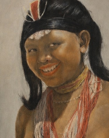 A painted portrait of a smiling figure adorned with colorful necklaces and a headband.