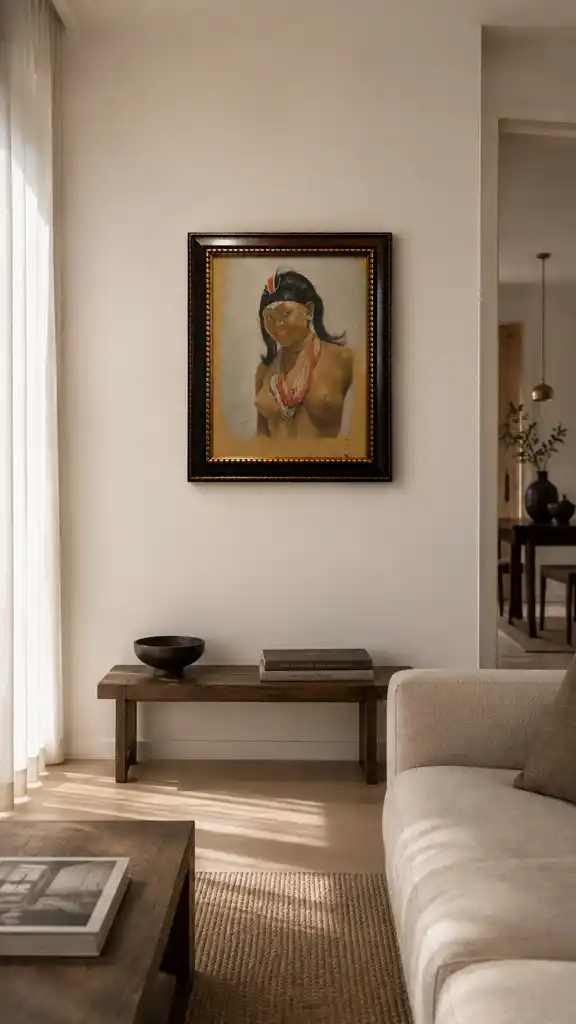 A painted portrait of a smiling figure adorned with colorful necklaces and a headband.