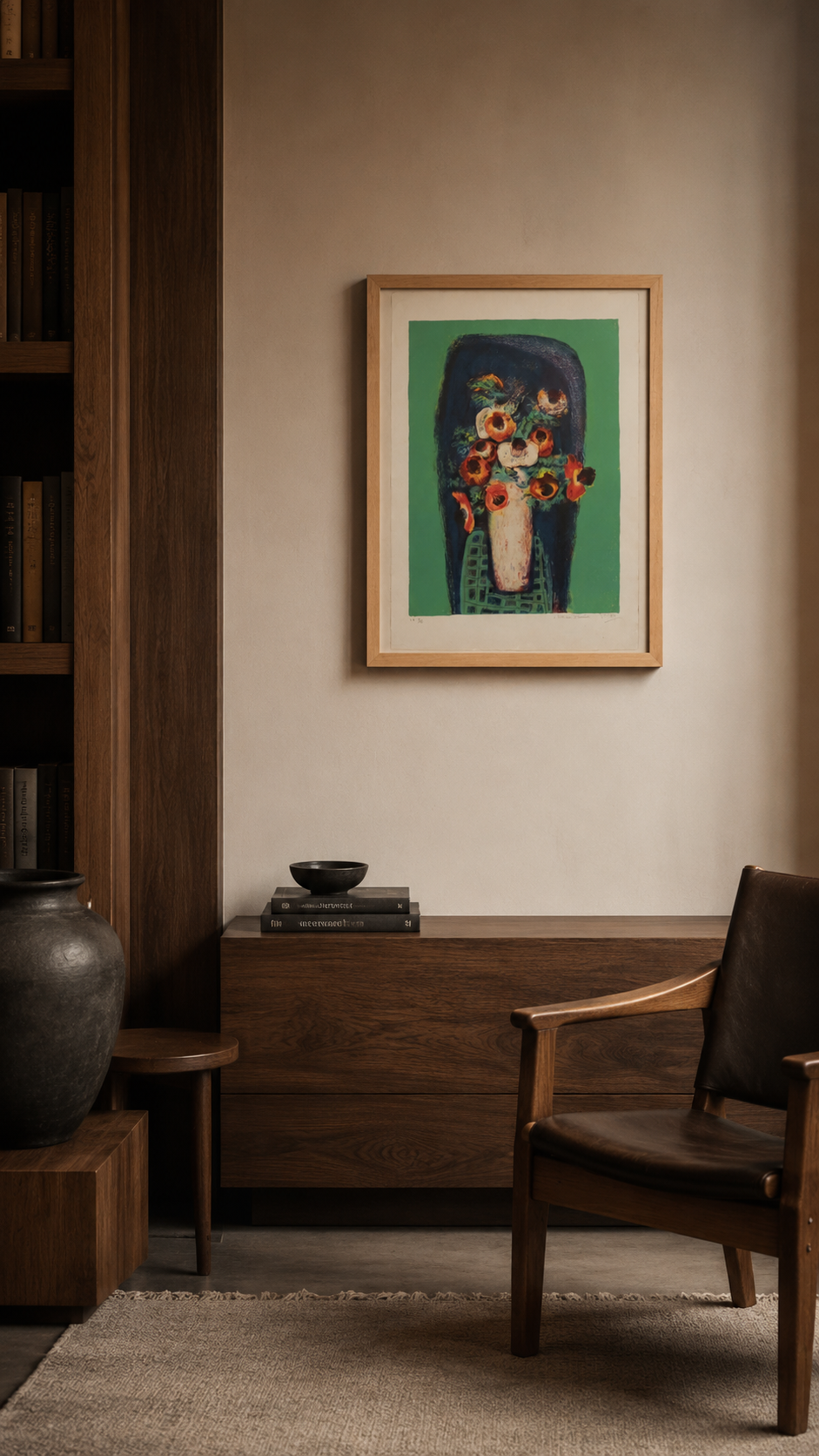 A vibrant still life featuring a bouquet of orange and white flowers in a vase against a dark blue backdrop.