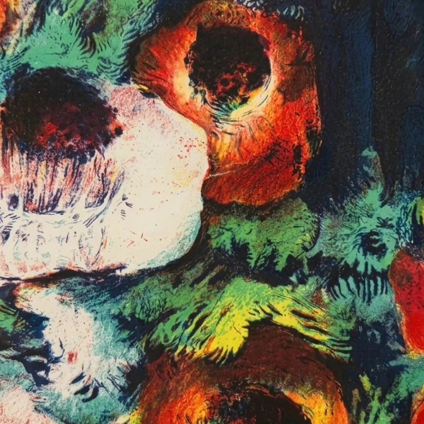 A vibrant still life featuring a bouquet of orange and white flowers in a vase against a dark blue backdrop.