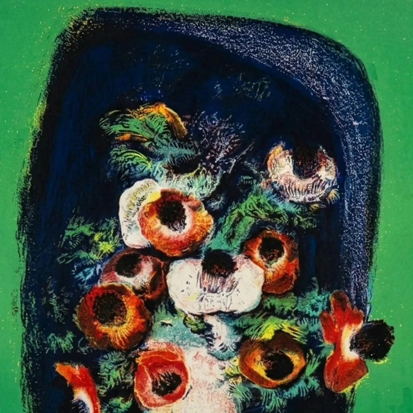 A vibrant still life featuring a bouquet of orange and white flowers in a vase against a dark blue backdrop.