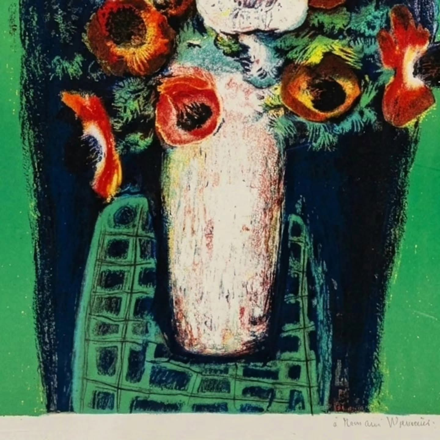 A vibrant still life featuring a bouquet of orange and white flowers in a vase against a dark blue backdrop.