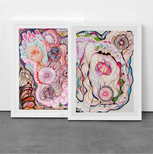 A colorful abstract composition featuring two framed prints with swirling organic forms and intricate line work.