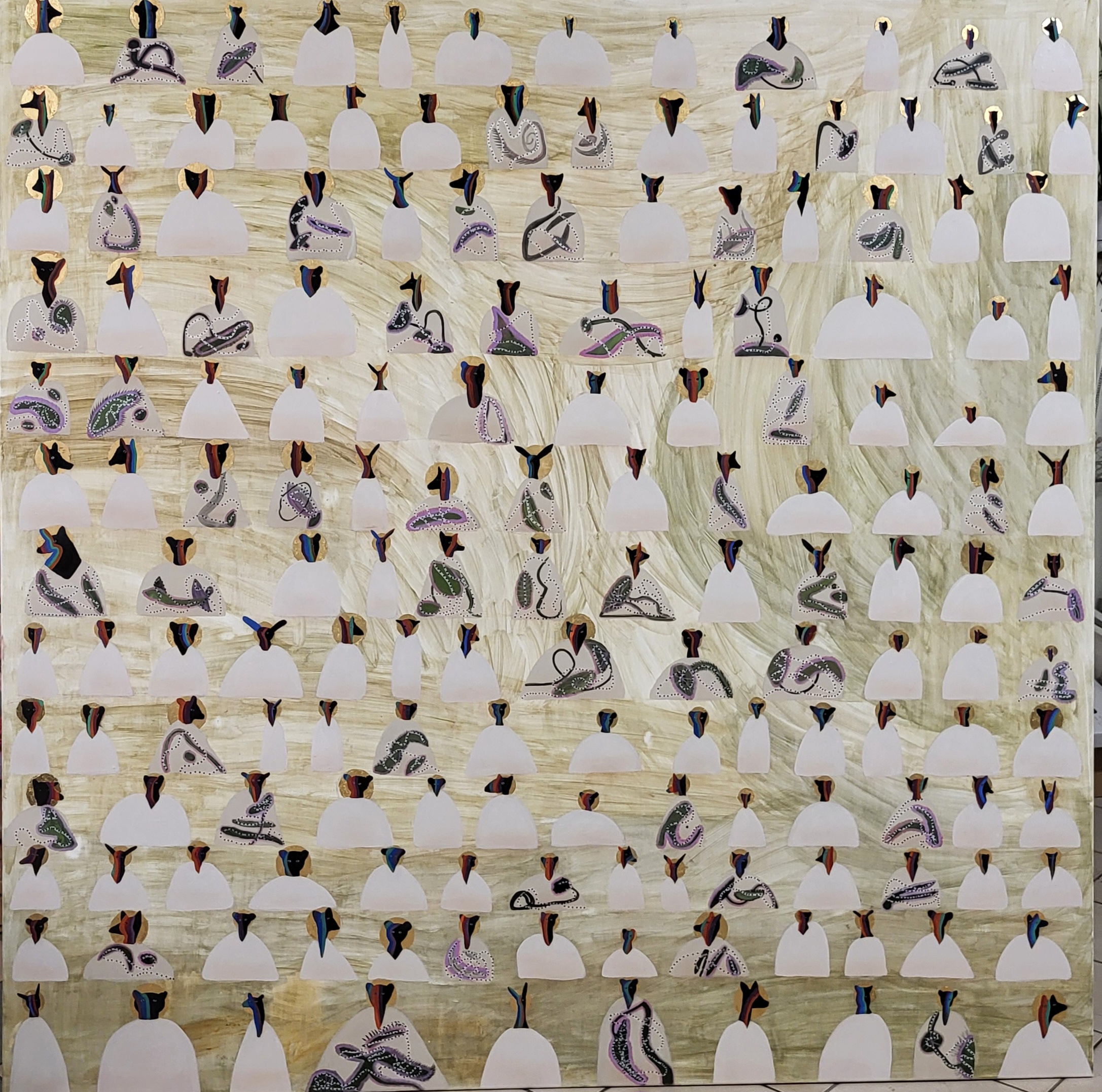 A painting of a large group of people in white dresses.