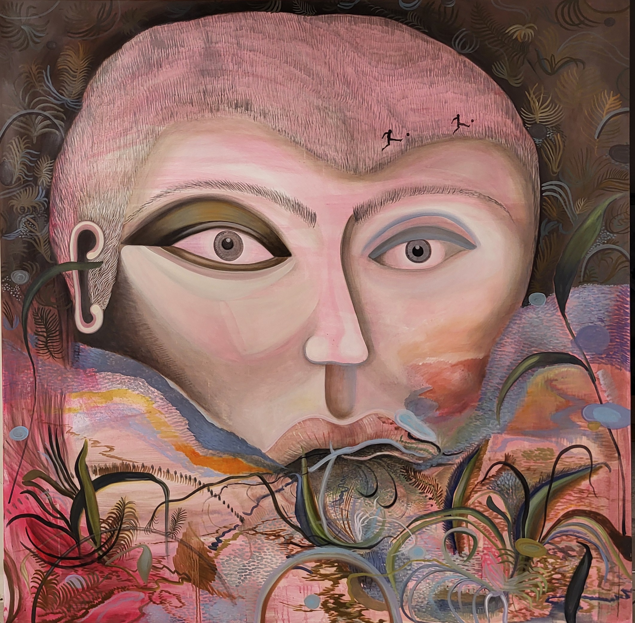 A painting of a woman's face with a pink hat on her head.