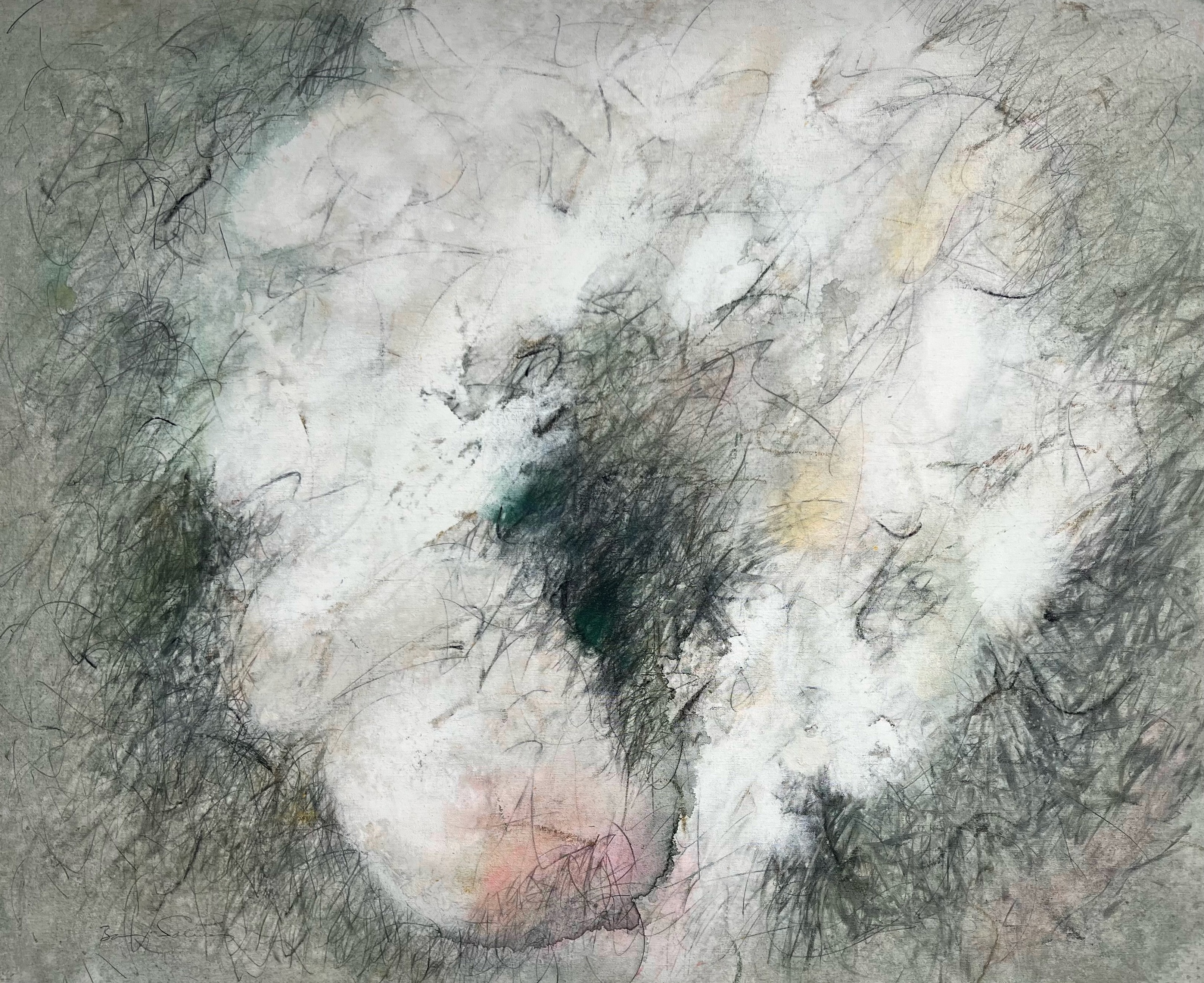 A drawing of a woman's face on a gray background.