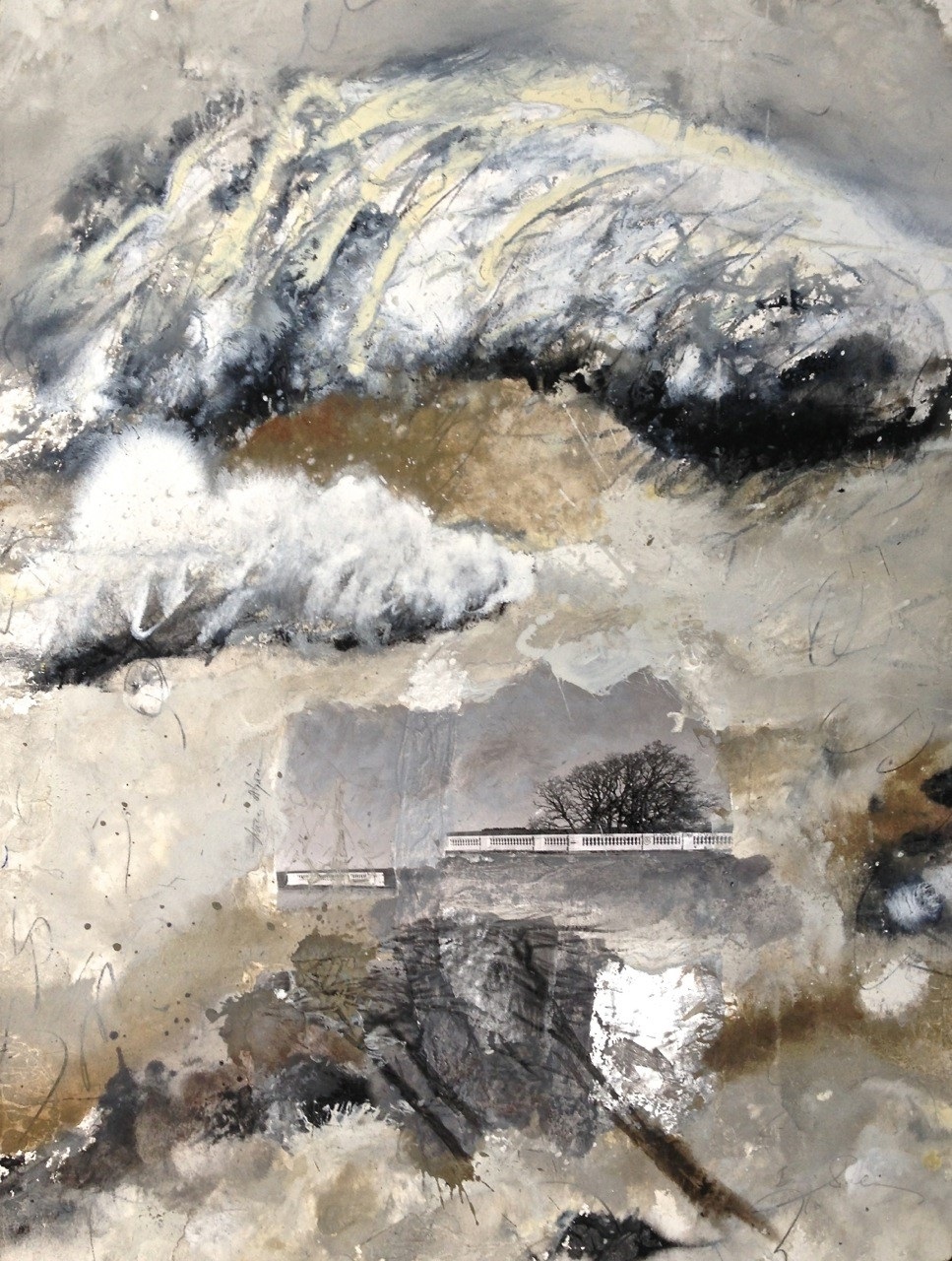 A painting of a snowy landscape with a bridge in the distance.