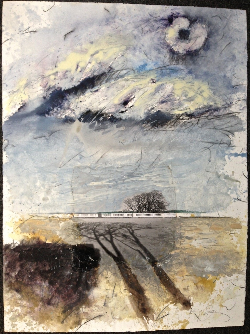 A painting of a landscape with a tree in the middle of it.