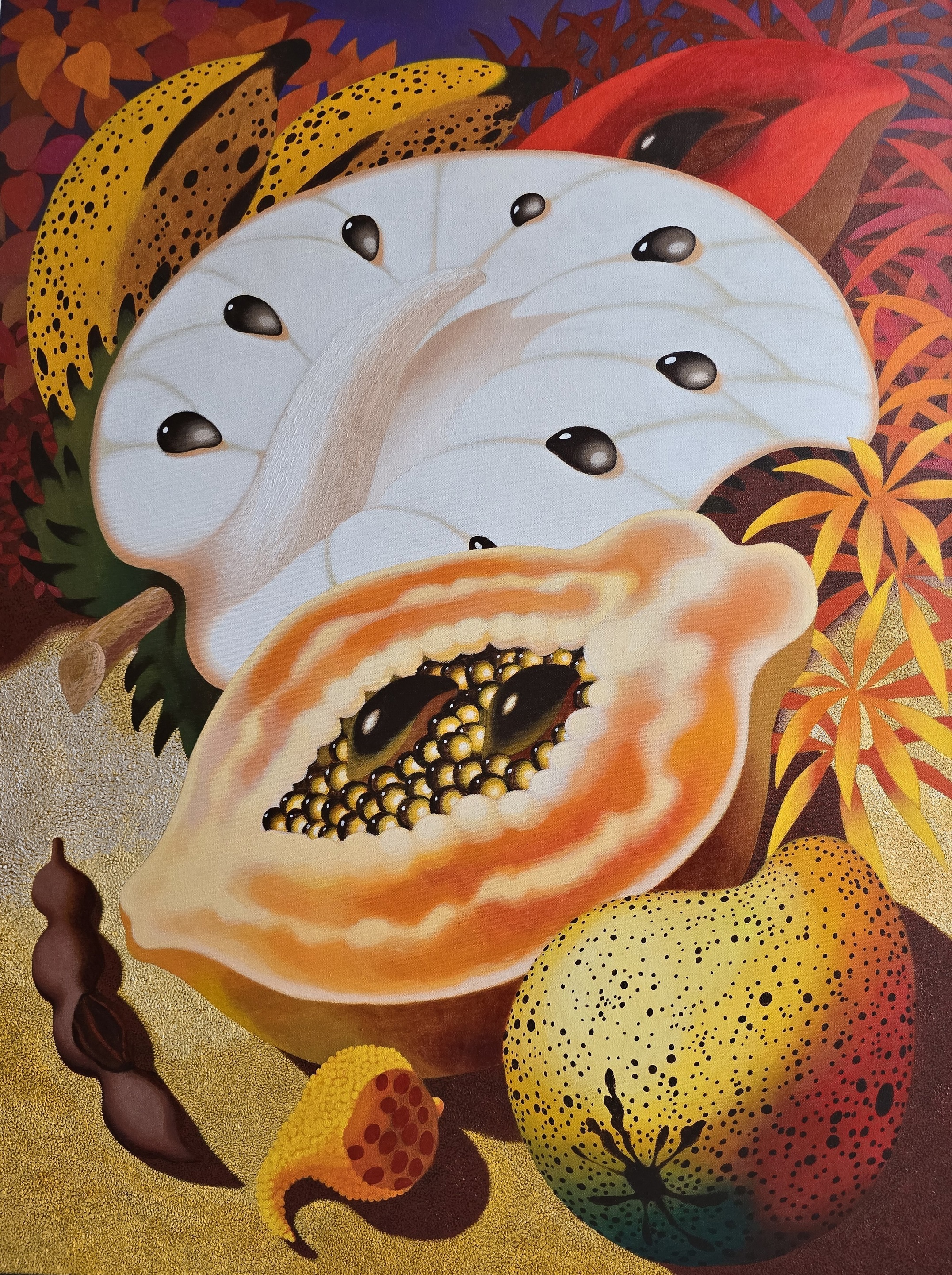 A painting of a papaya cut in half on a table.