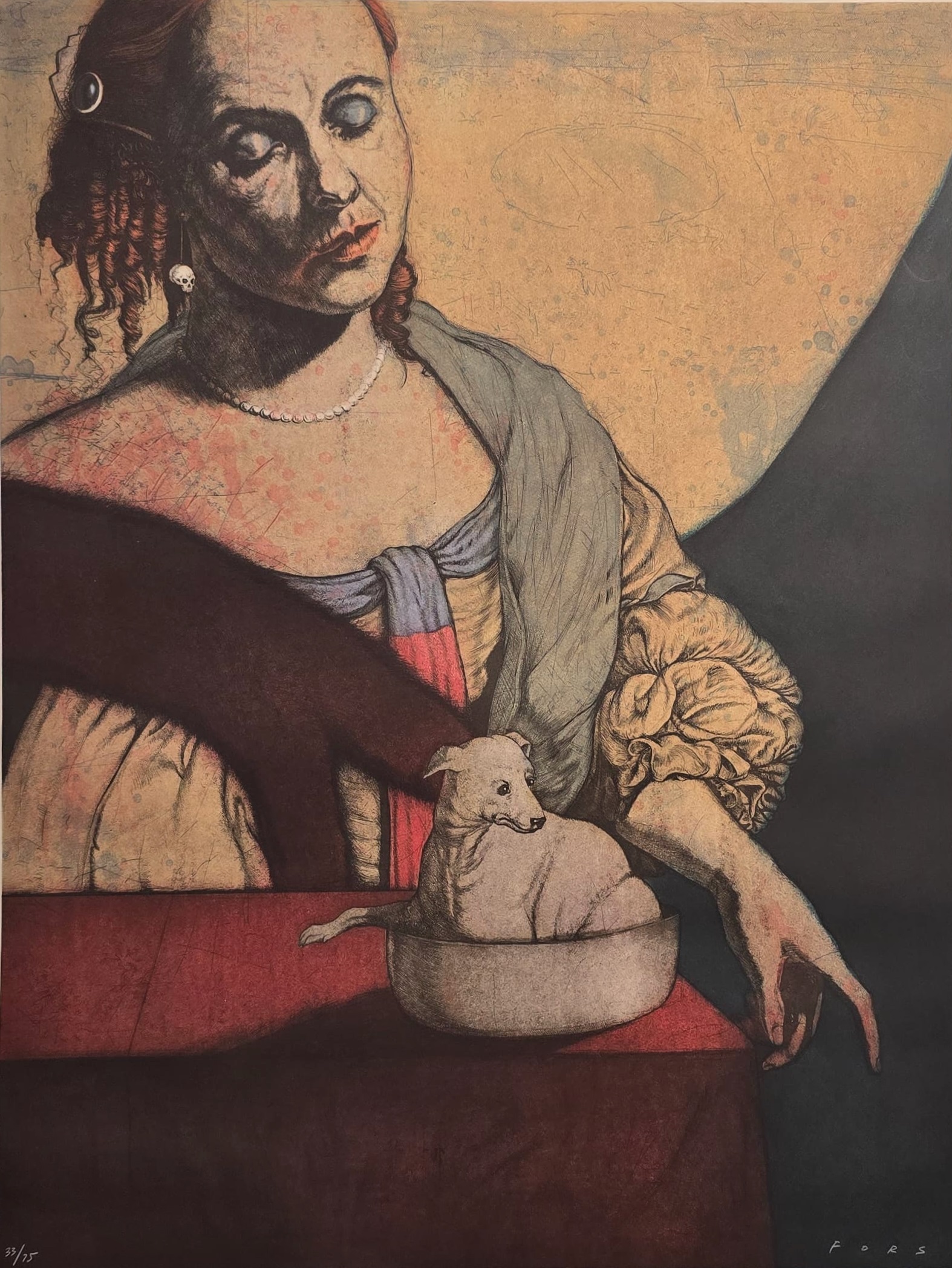 A painting of a woman holding a dog in a bowl.