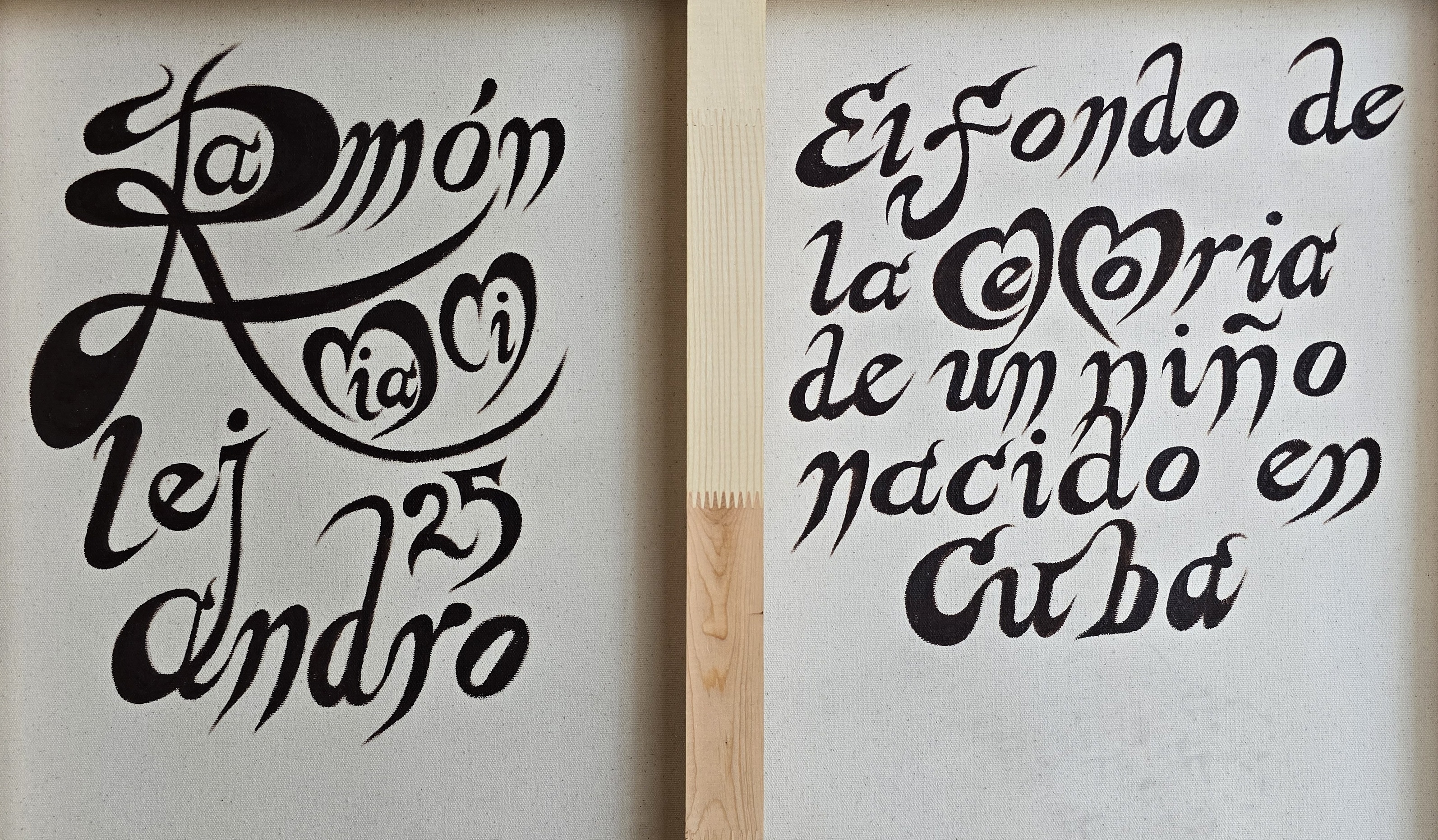 A painting of a papaya cut in half on a table.