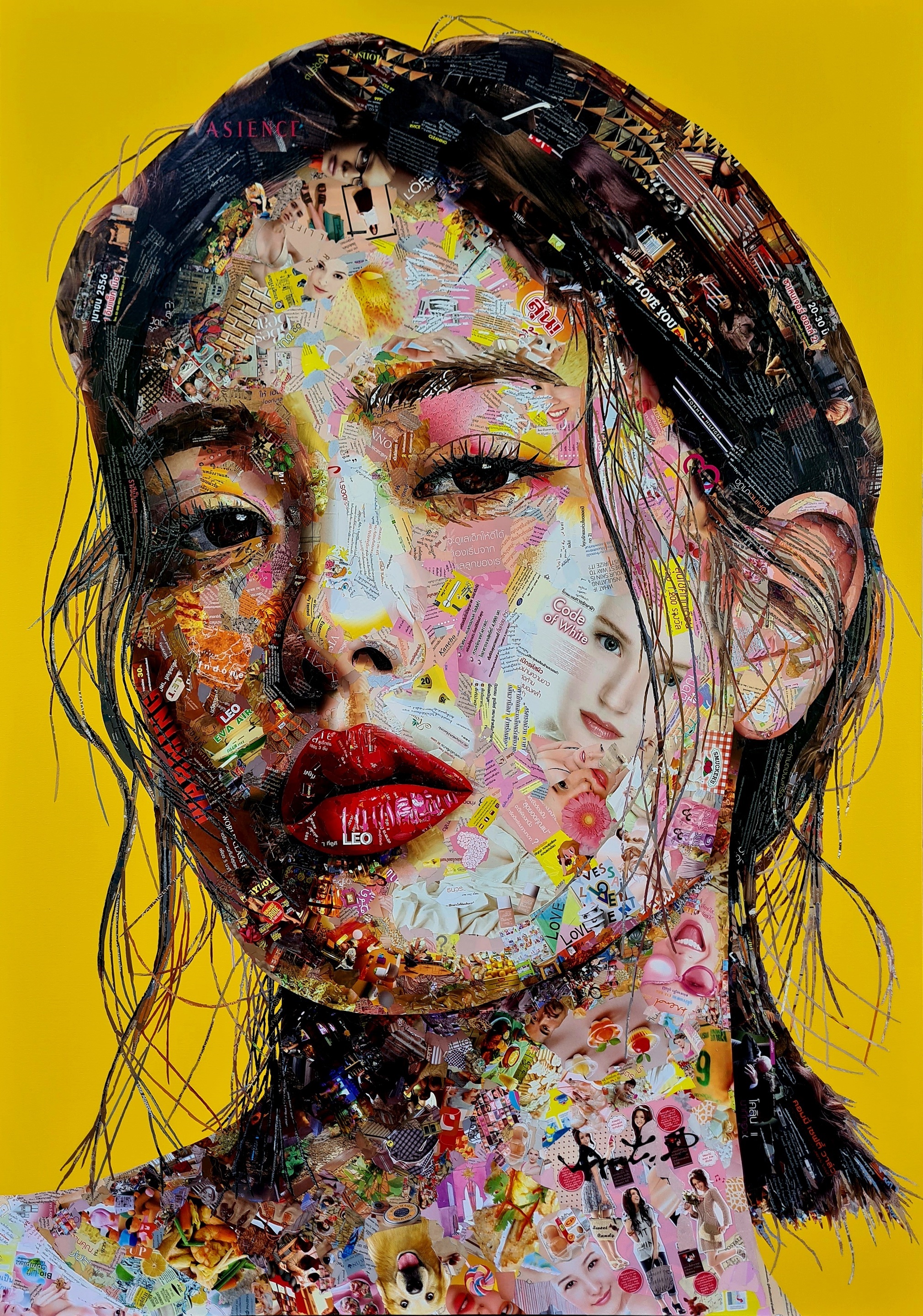 A collage of a woman's face on a yellow background.