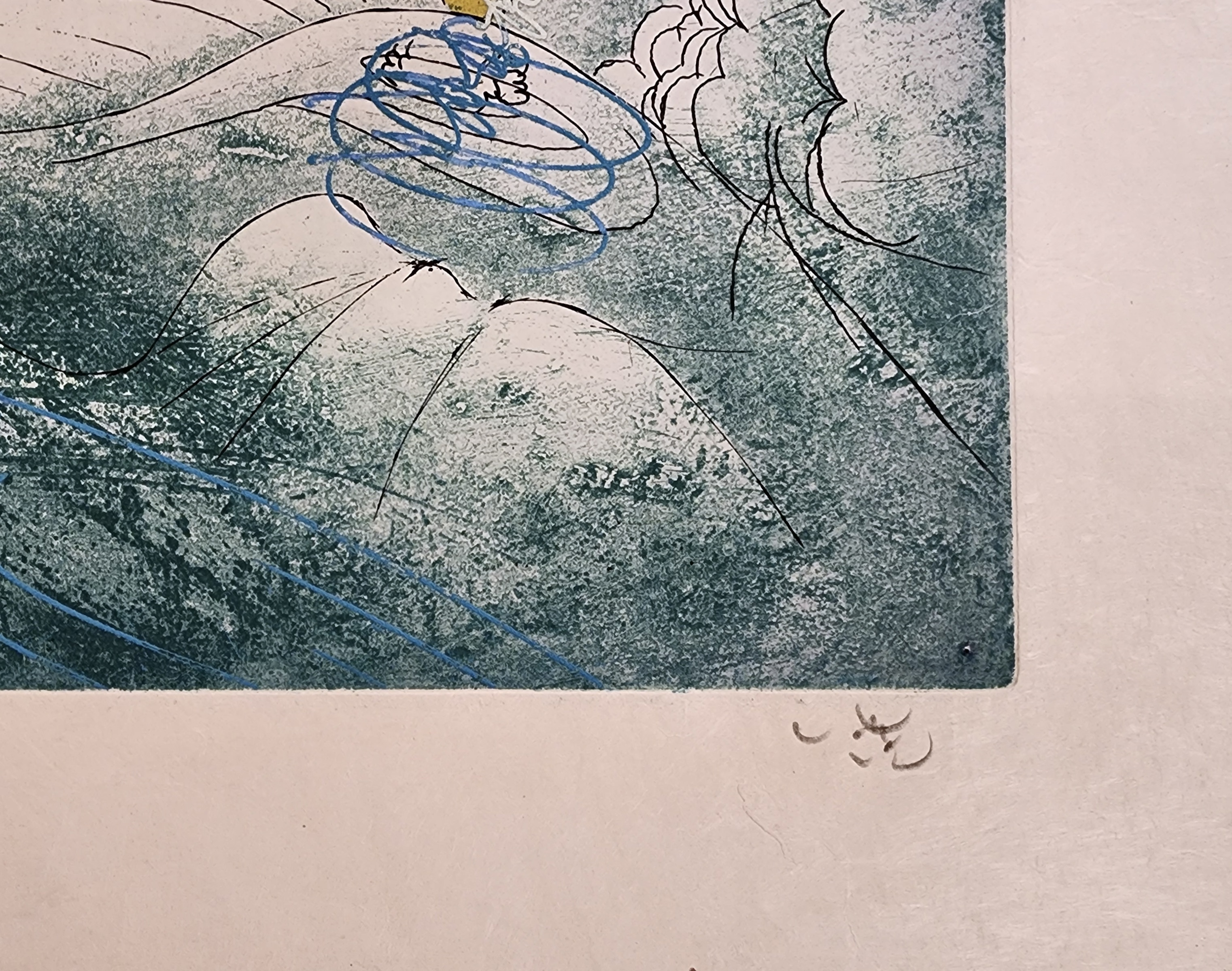 A painting of a boat floating in the ocean with people on it.