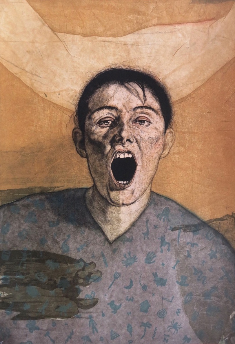 A painting of a man with his mouth open and his mouth wide open.