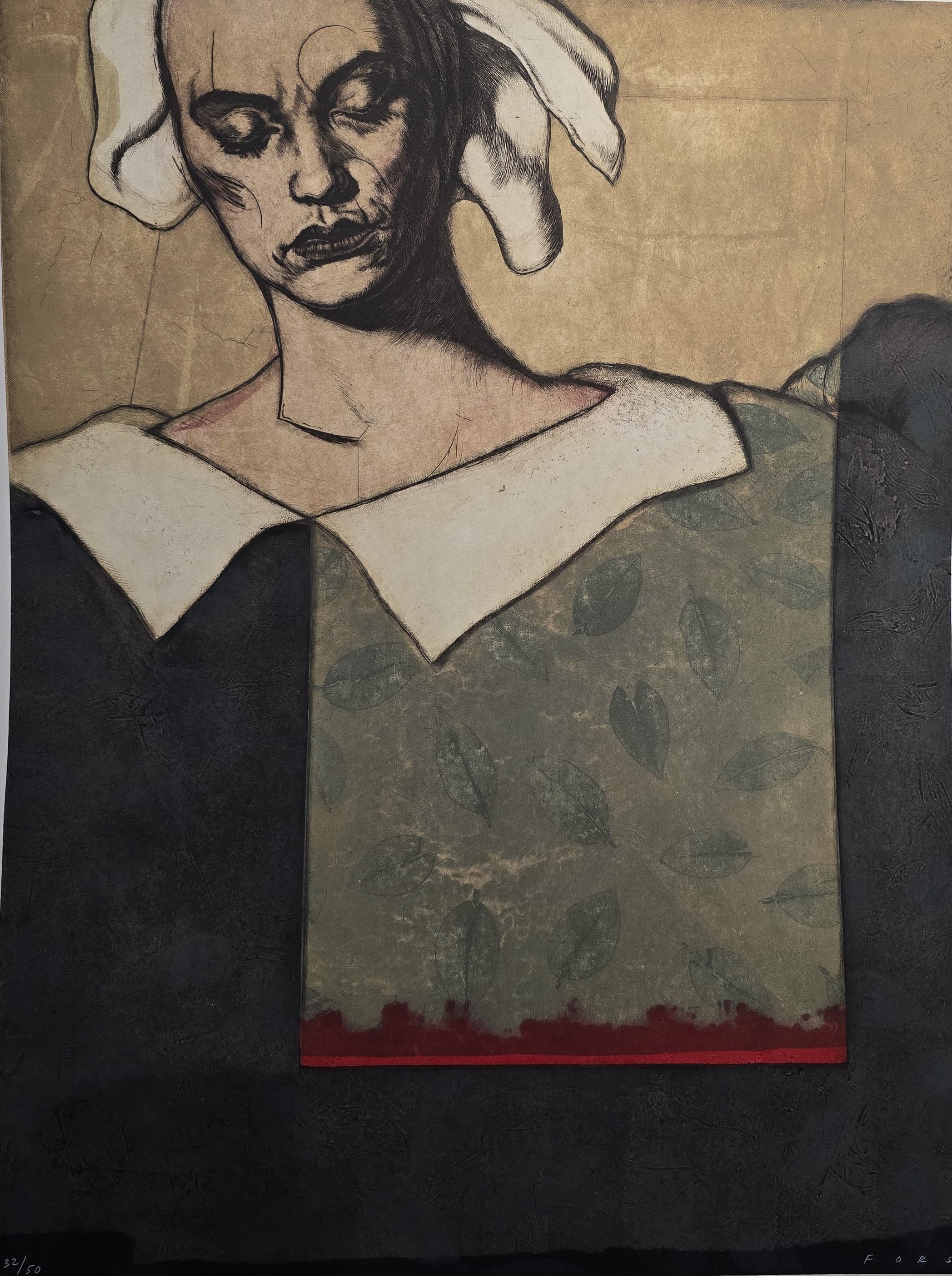 A drawing of a woman with a white headband on her head.