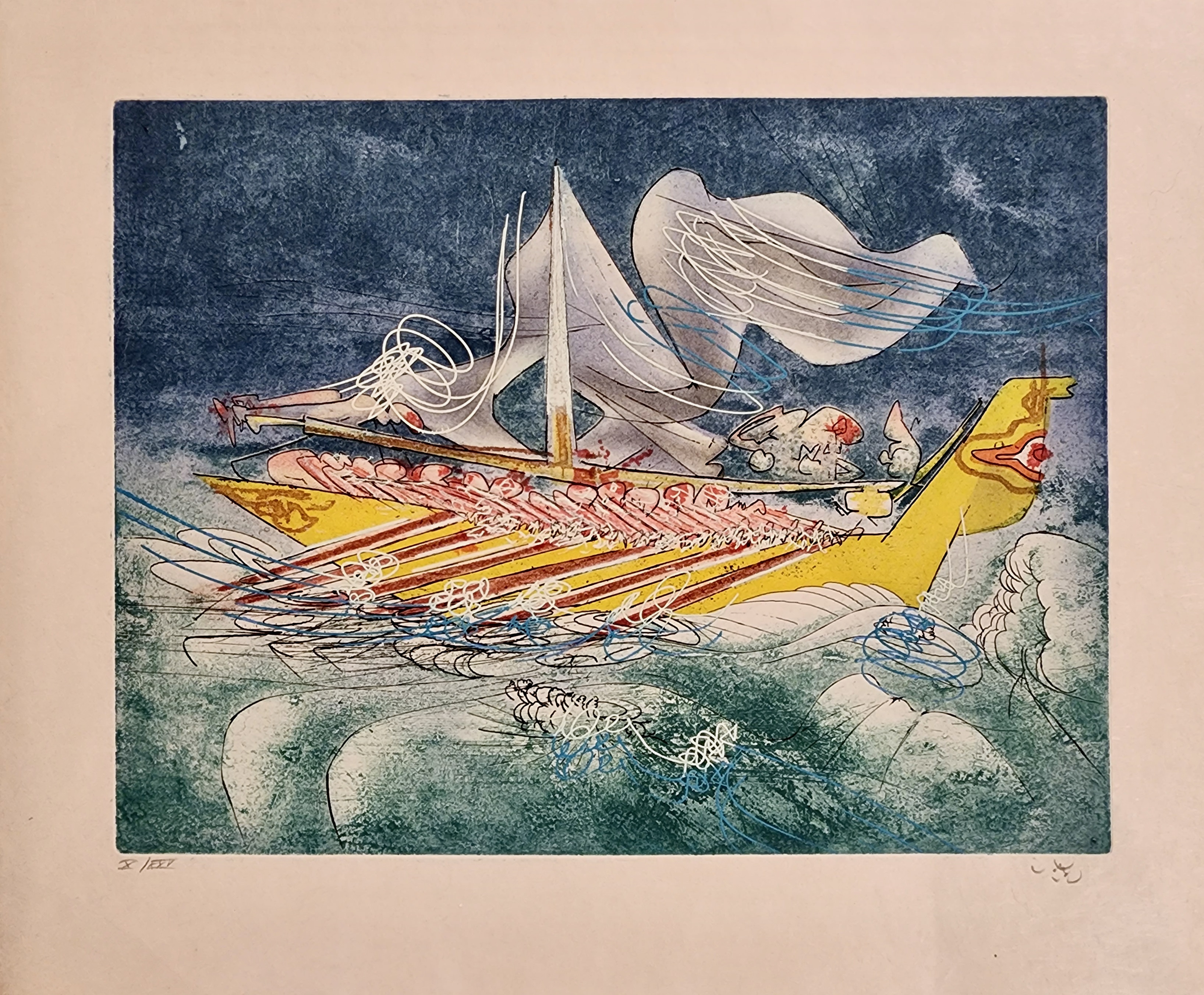 A painting of a boat floating in the ocean with people on it.