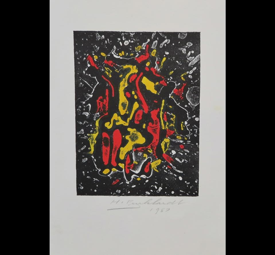 A black and red print with yellow and red paint splatters.