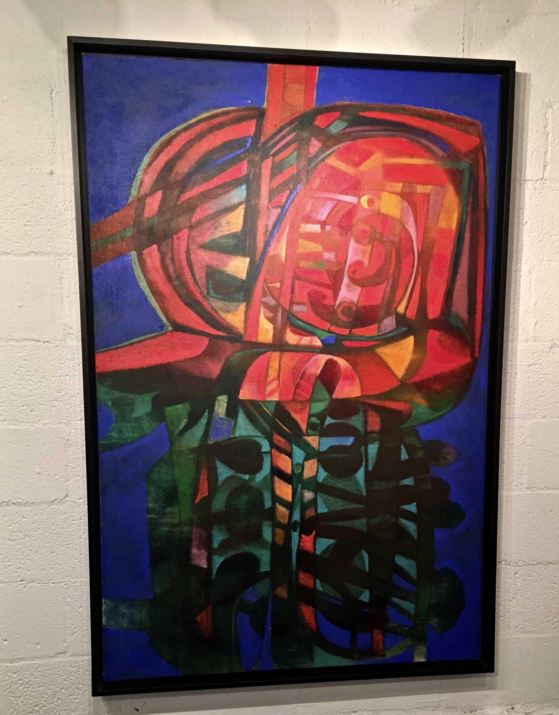 a painting of a red and green object on a blue background