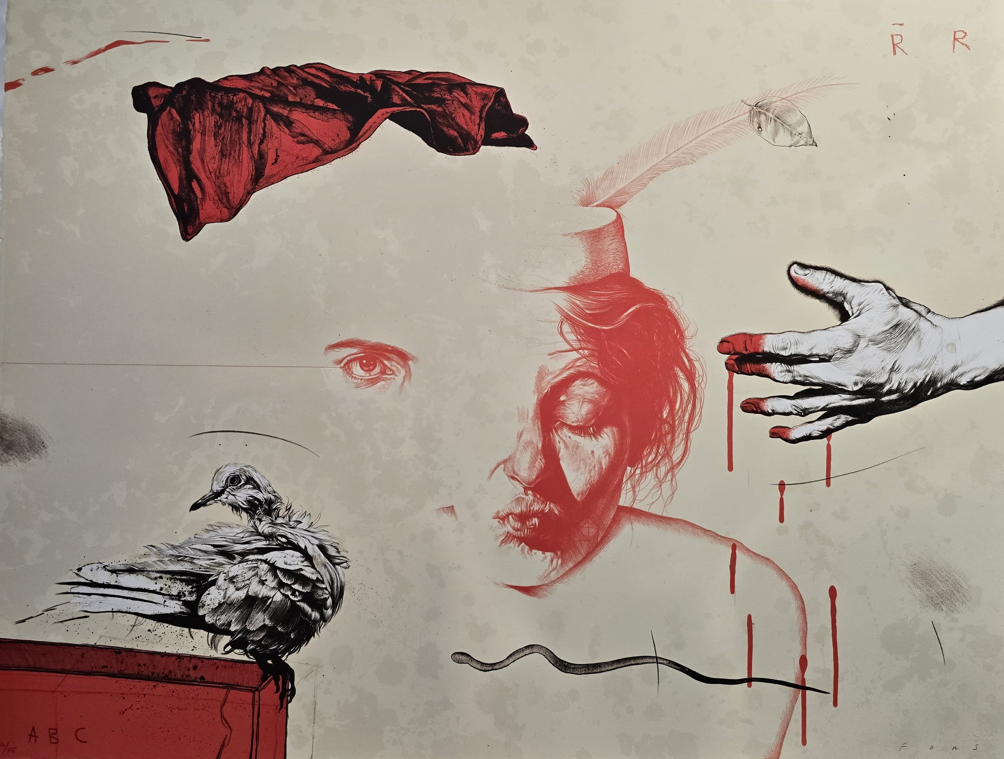 A drawing of a woman's face with a bird on her head.