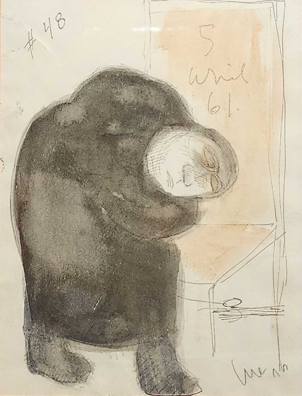 A drawing of a man sitting in a chair.