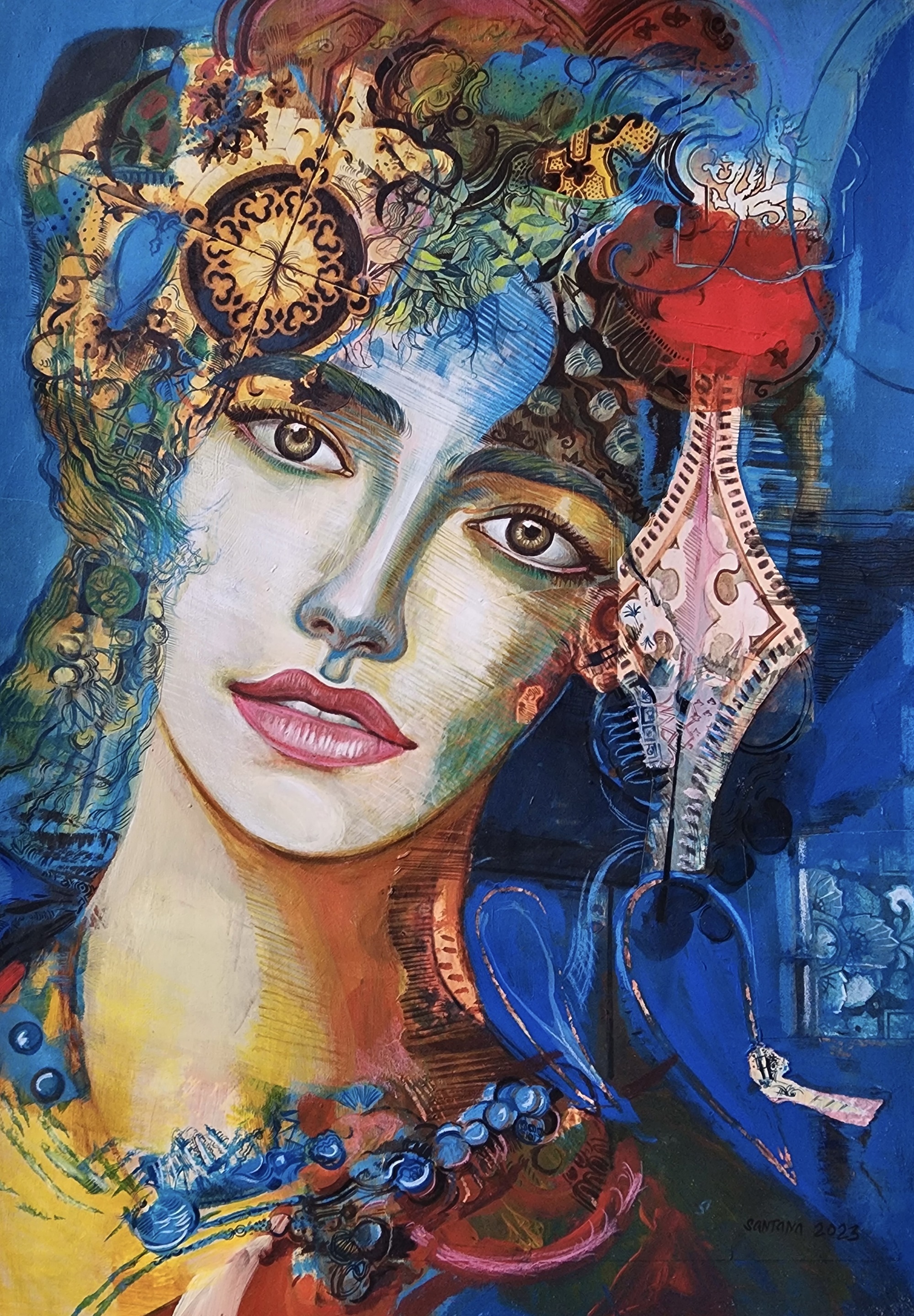 A painting of a woman with a clock on her head.