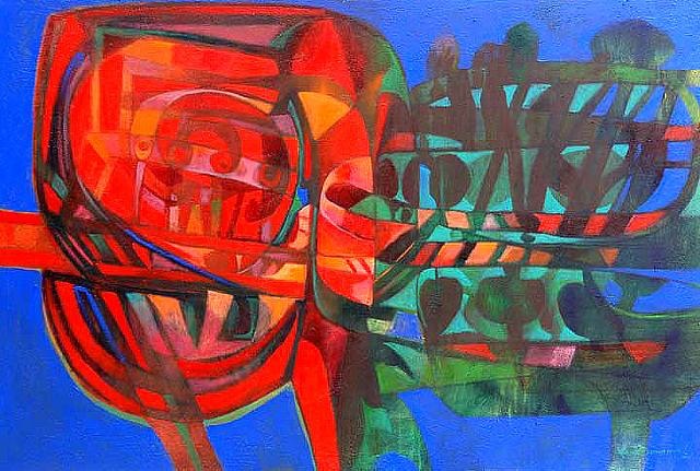 a painting of a red and green object on a blue background