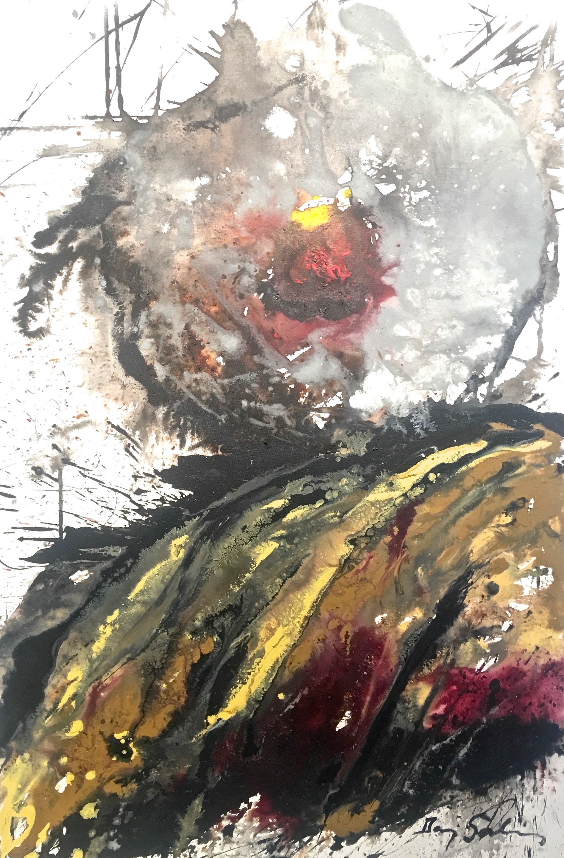 A painting of a black and yellow abstract painting on a white background.