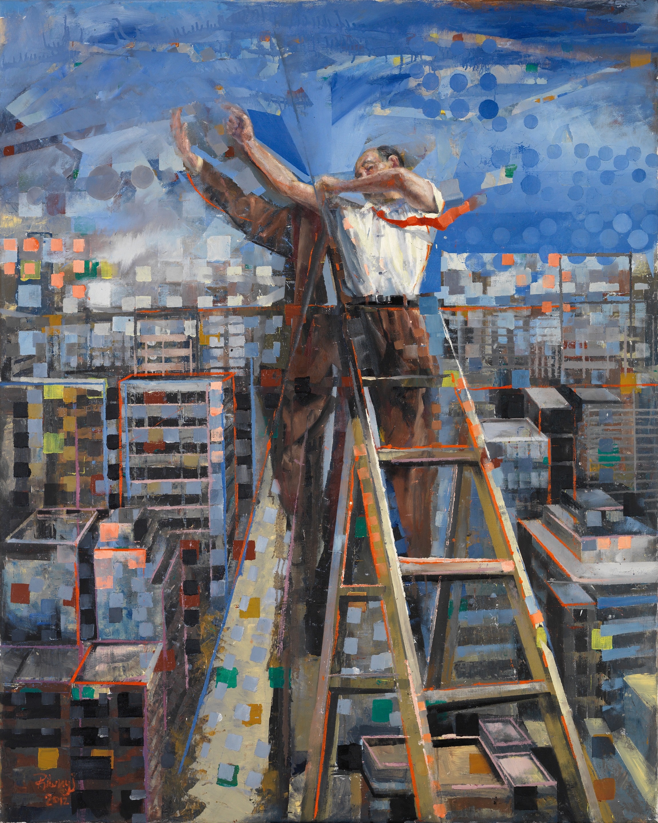 A painting of a man on a ladder on top of a building.