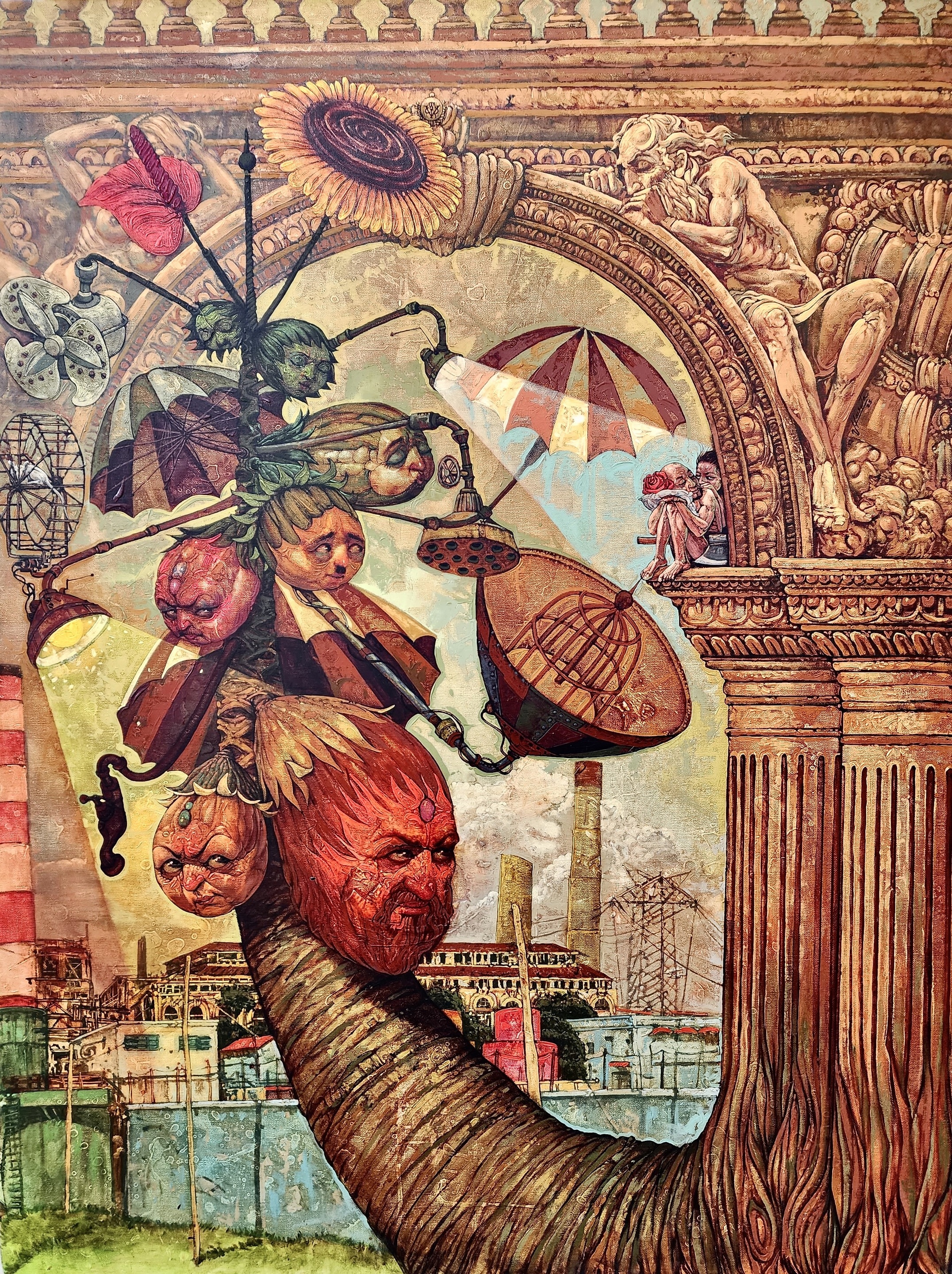 A painting of a tree with a bunch of people on it.