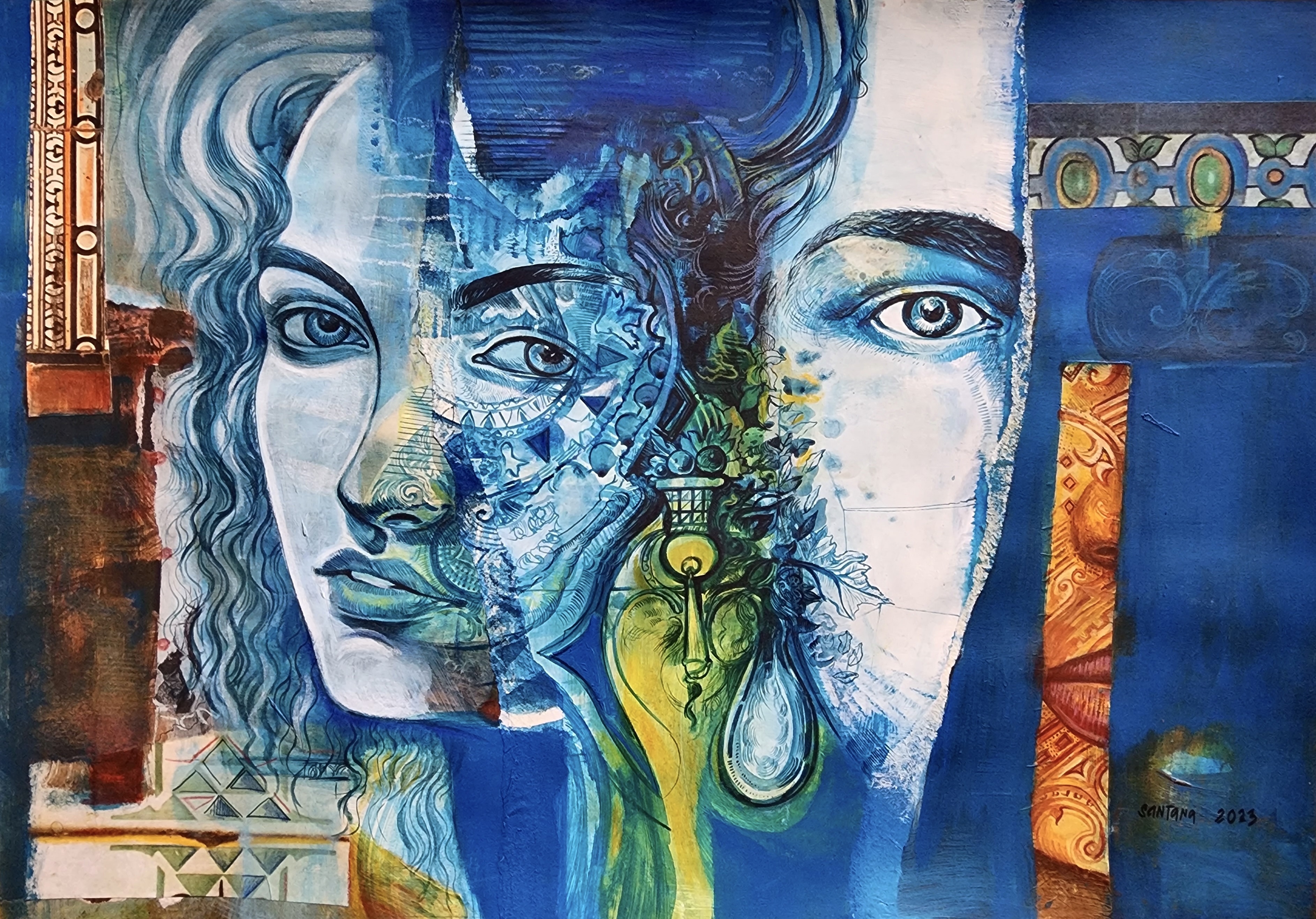 A painting of a woman's face on a blue background.