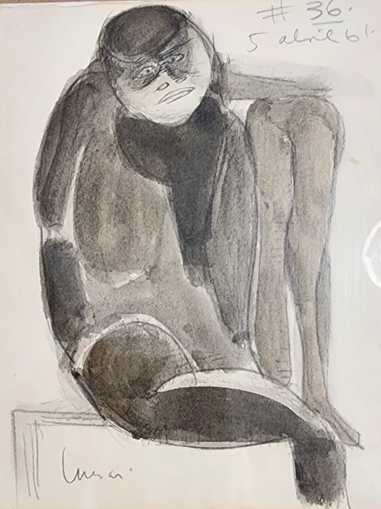 A drawing of a man sitting in a chair.