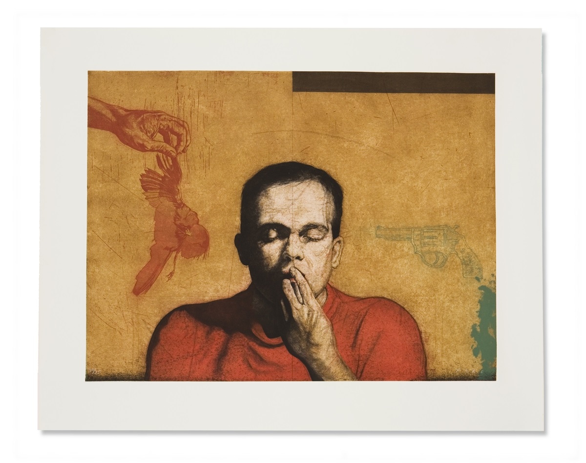 A drawing of a man smoking a cigarette with a bird flying above him.