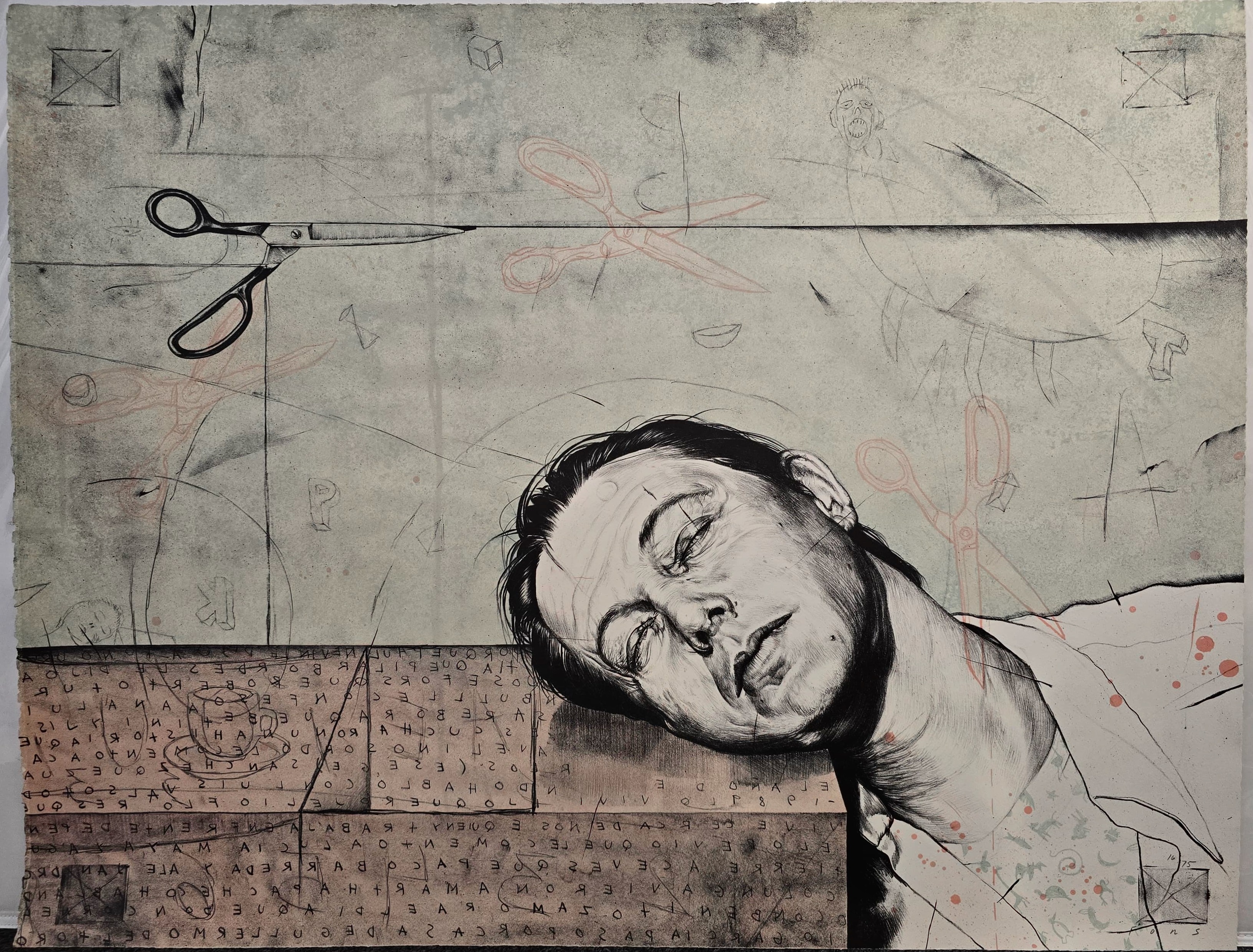 A drawing of a man laying on a table with scissors.
