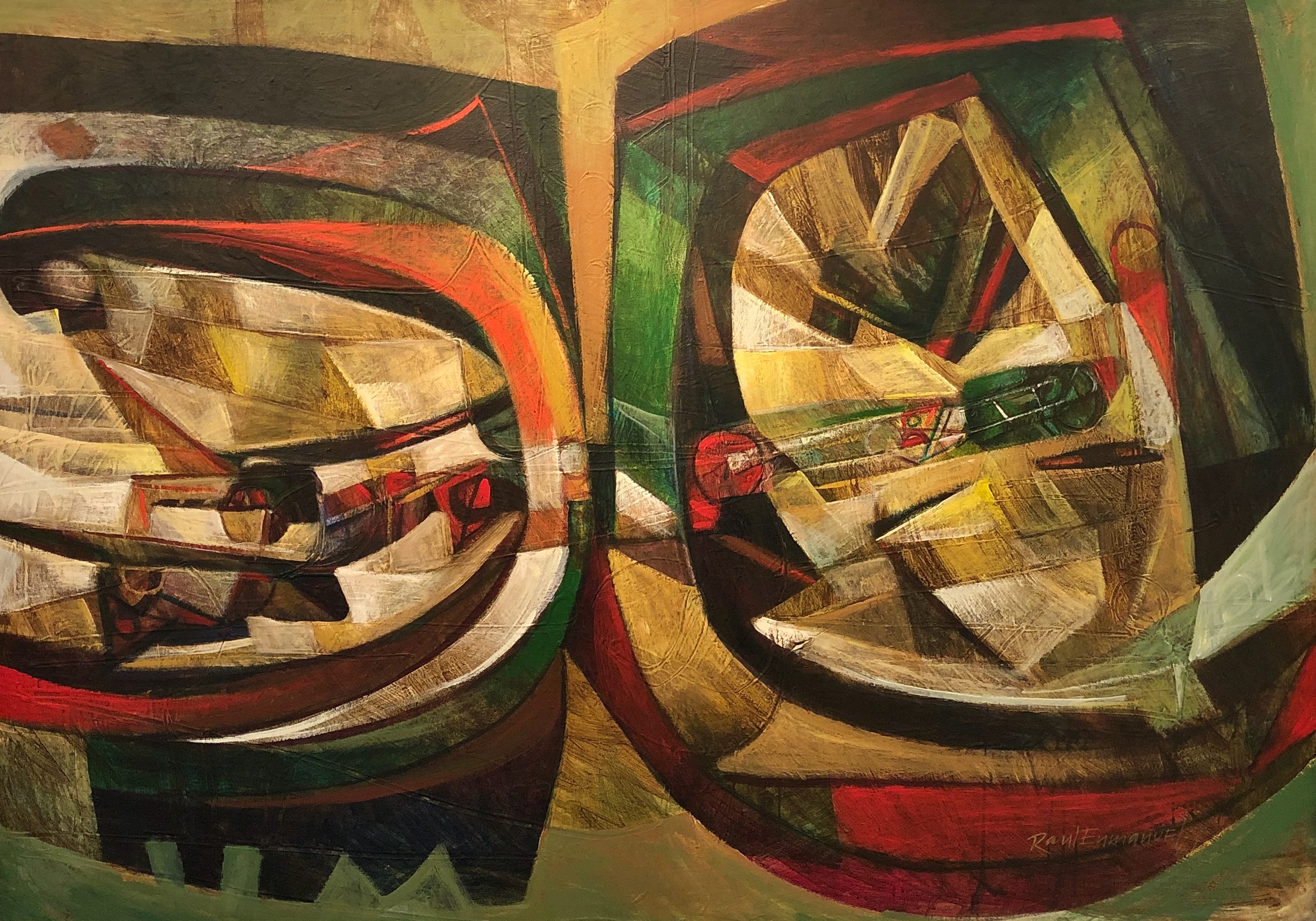 A painting of two abstract paintings on a wall. 