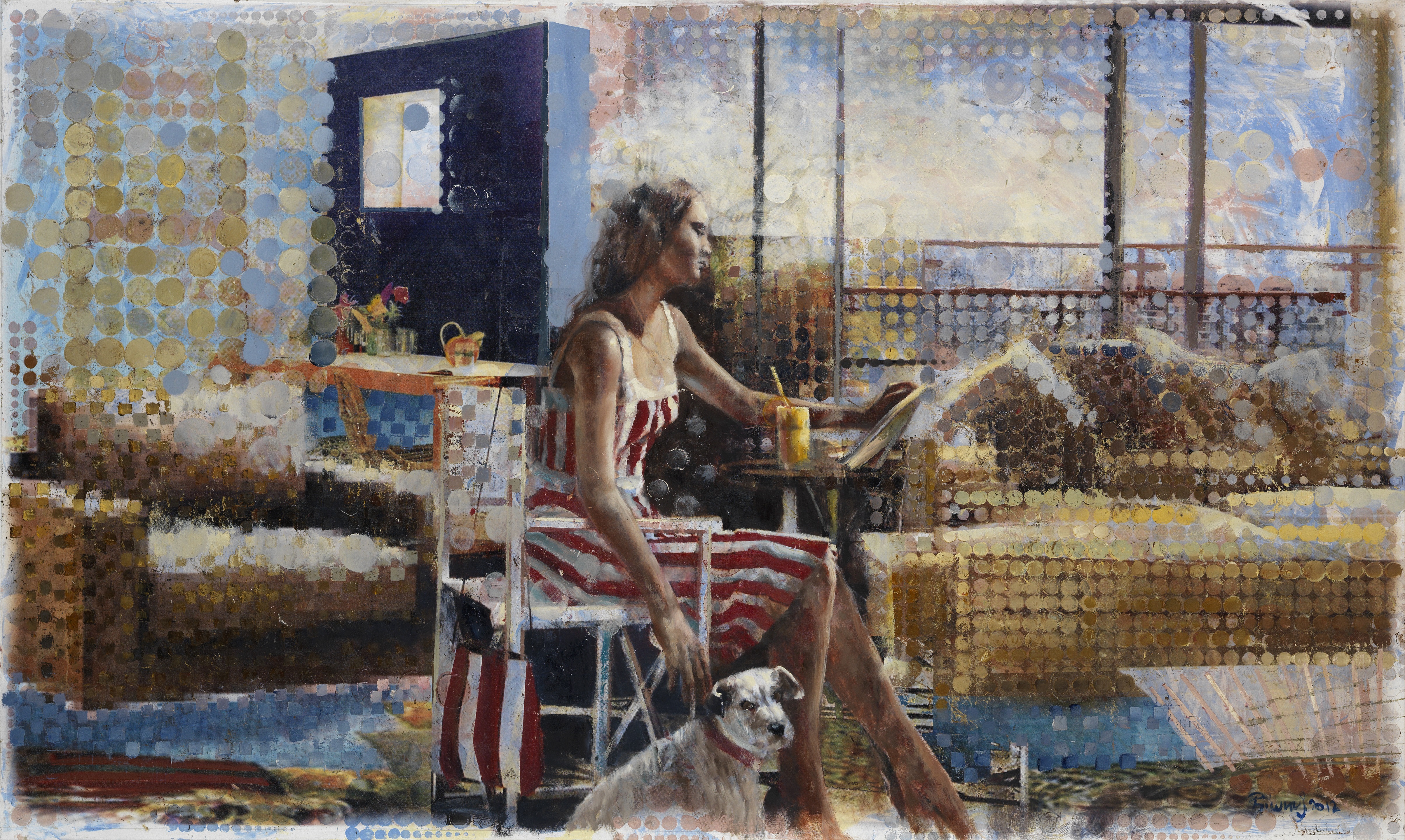A painting of a woman sitting at a table with a dog.