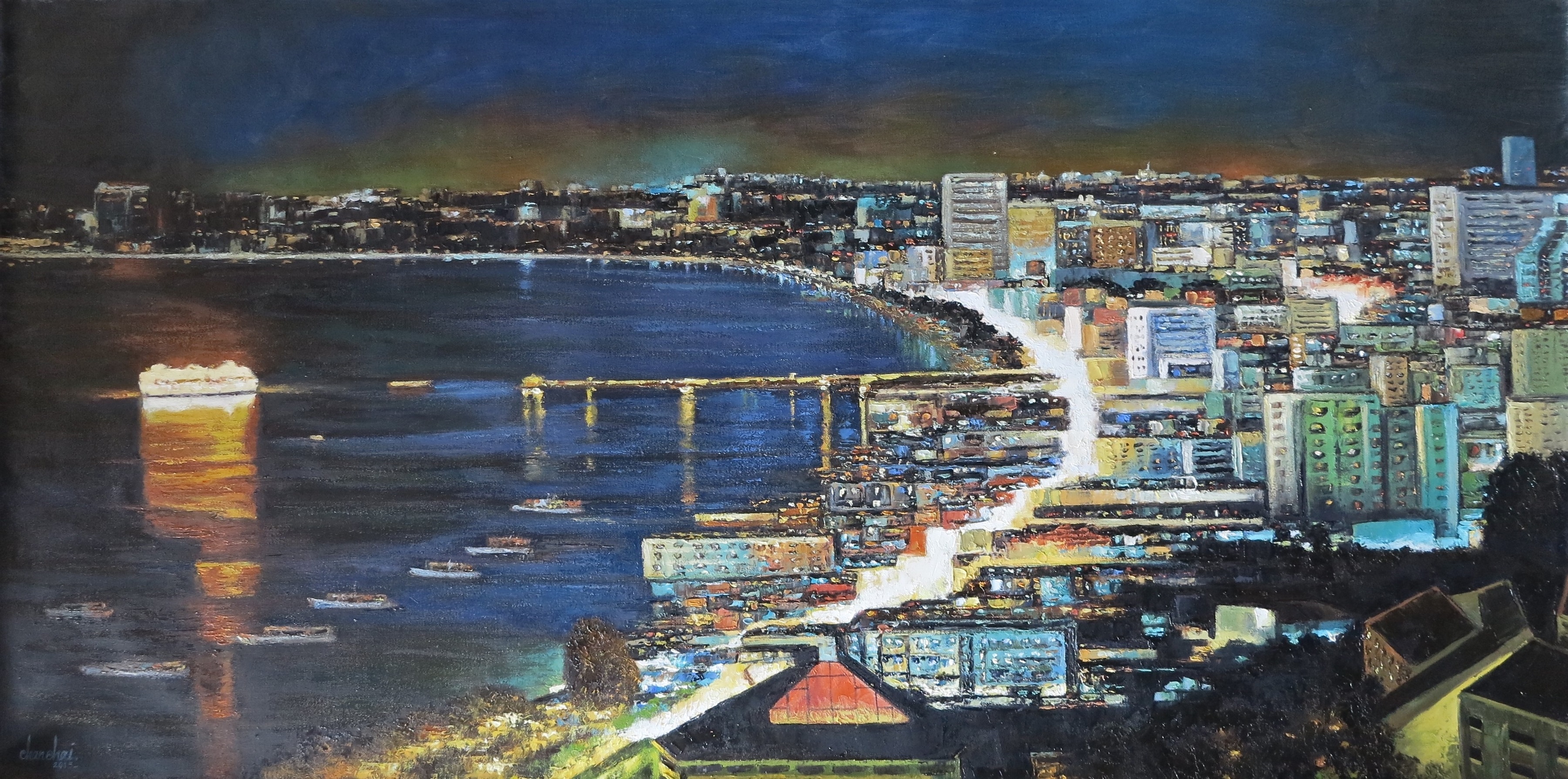 A painting of a city at night with a view of the water.