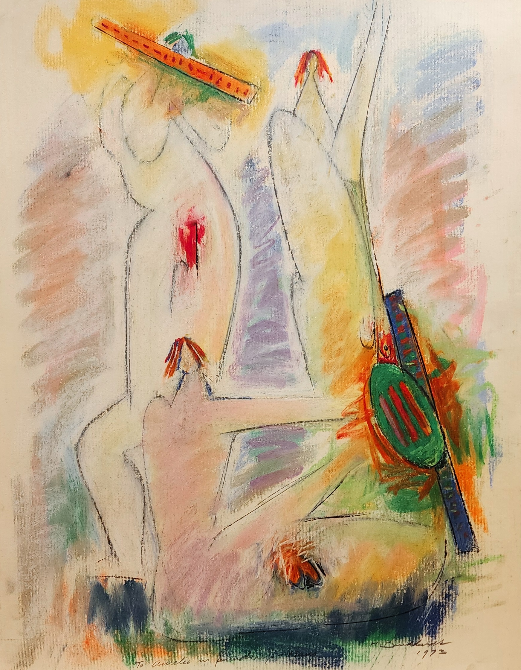 A painting of a woman sitting on a chair with a guitar.