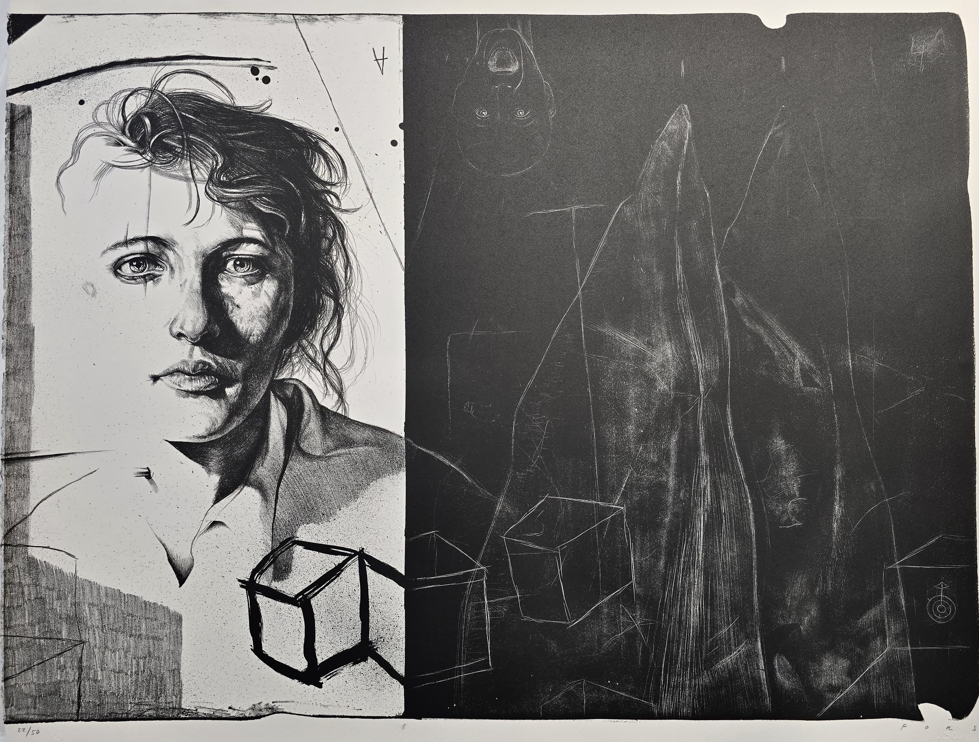 A black and white drawing of a woman's face next to a drawing of an object.