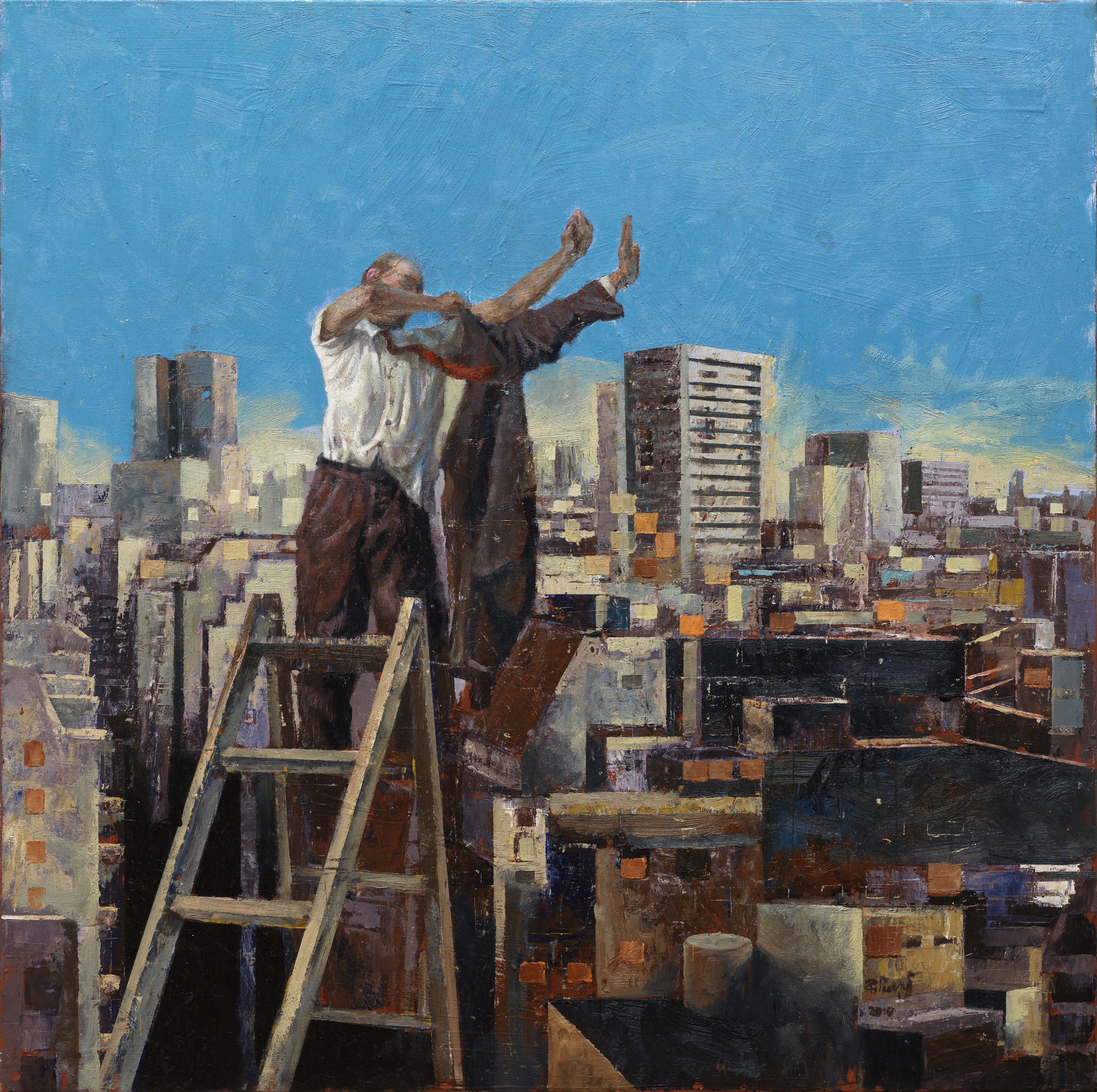 A painting of a man standing on top of a ladder.